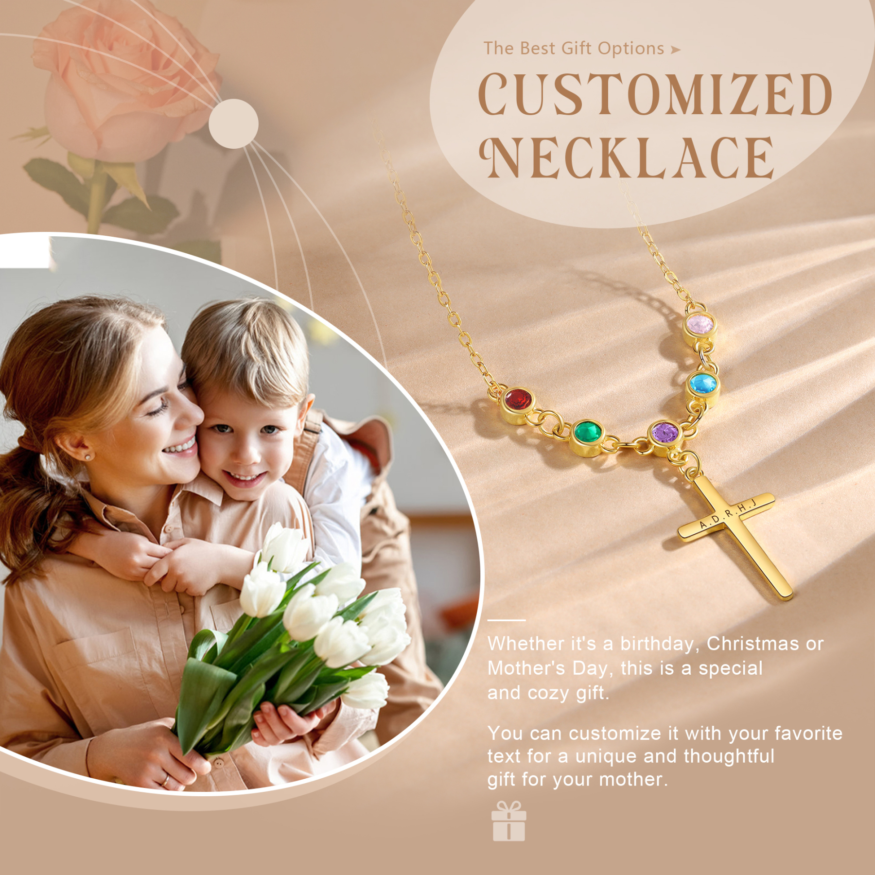 Collier Croix 5 Pierres de Naissance Personnalisés avec Texte Collier pour Femmes