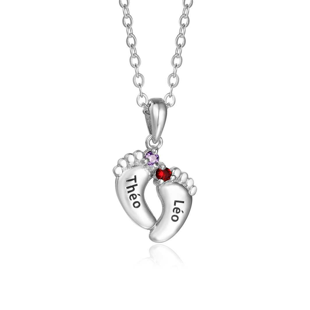 Collier 2 Prénom Personnalisé pied bebe avec pierre de naissance