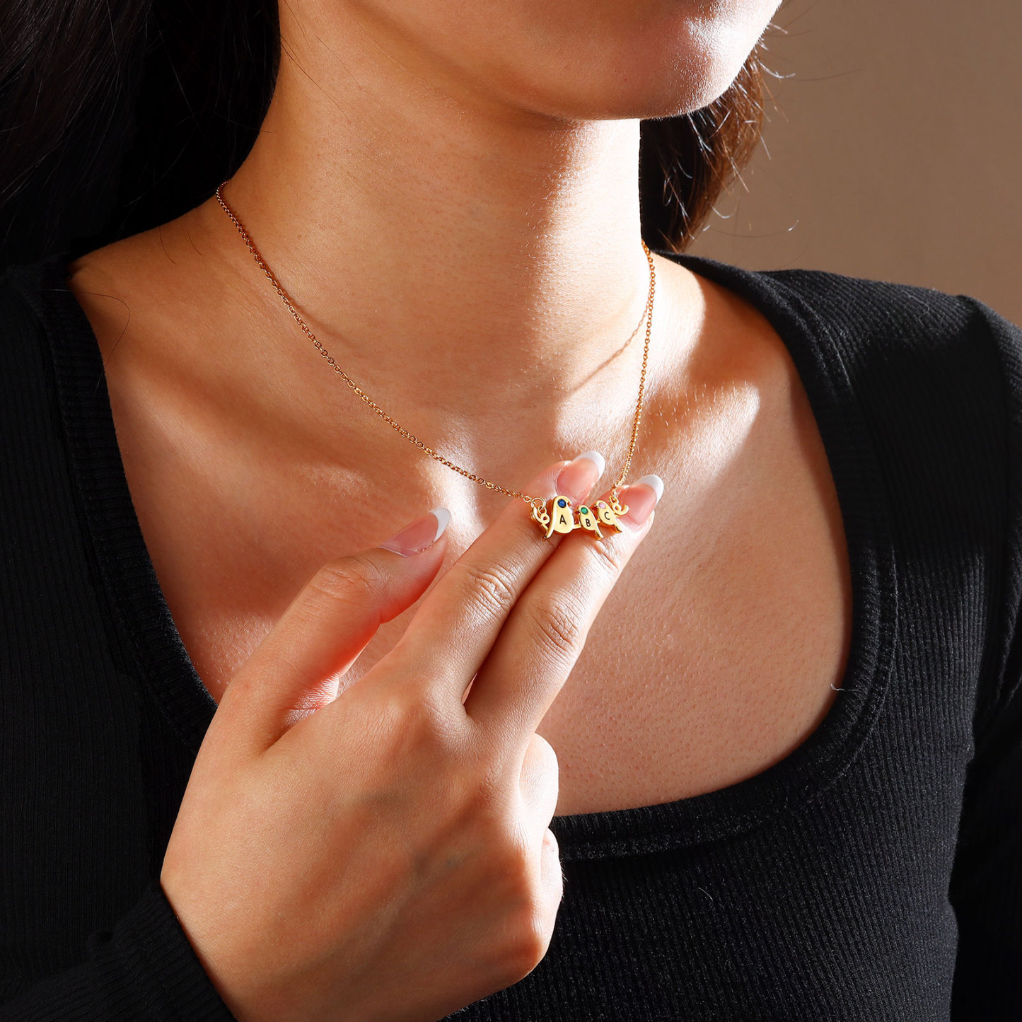 Collier Petit Oiseau 4 Lettres et Pierres de Naissance Personnalisés Collier Femmes