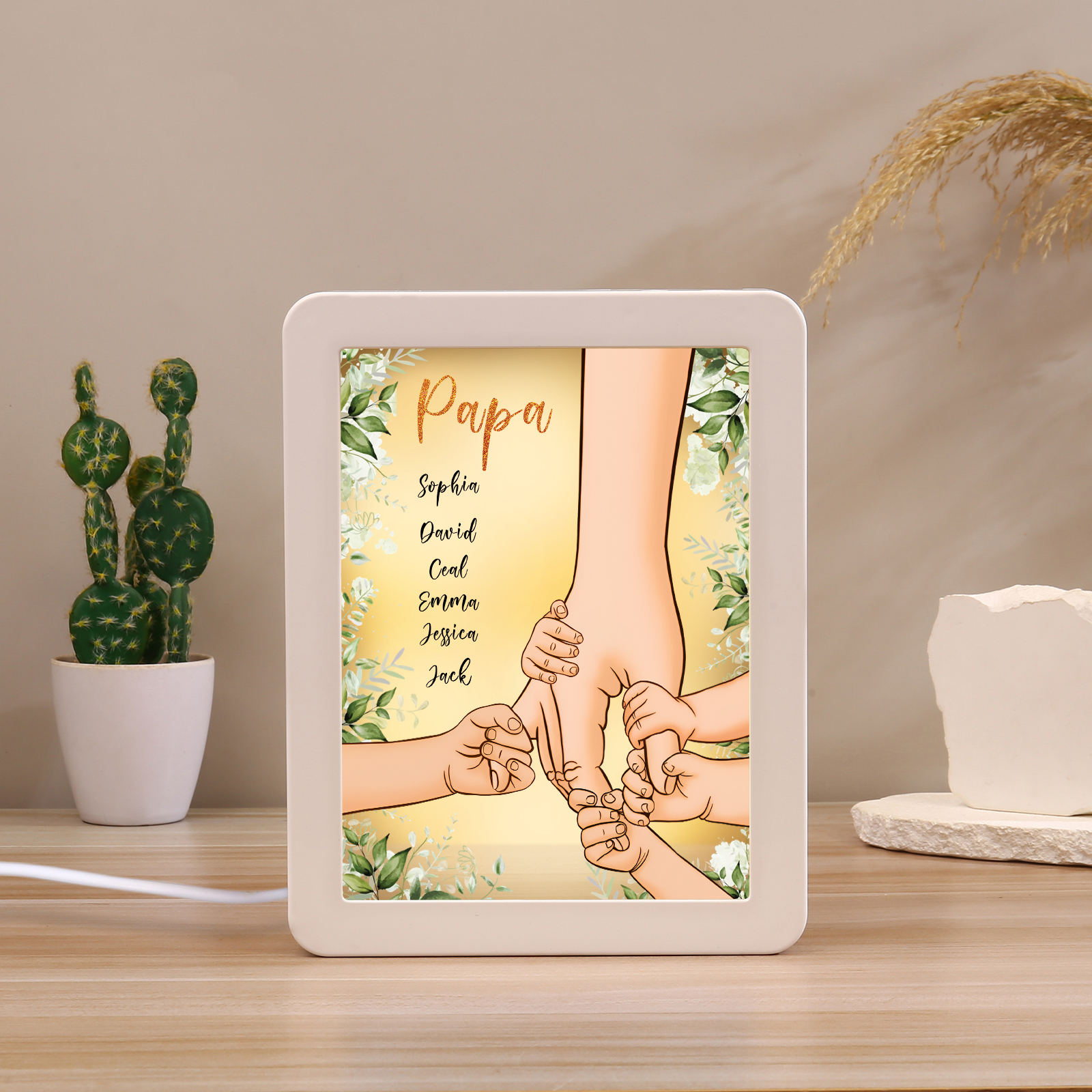 Lampe LED/Cadre Photo/Miroir multifonctionnel la main dans la main 6 Prénoms et 1 Tetxe Personnalisés Cadeau Créatif pour Famille