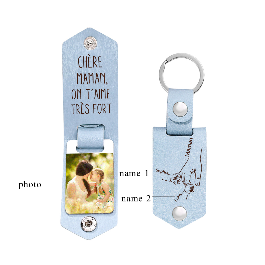 À ma Maman - Porte-Clés Cuir la Main dans la Main 2 Prénoms Personnalisé avec Photo