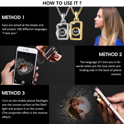 100 langues "Je t'aime" collier 2PCS Collier de projection photo personnalisé｜Jessemade