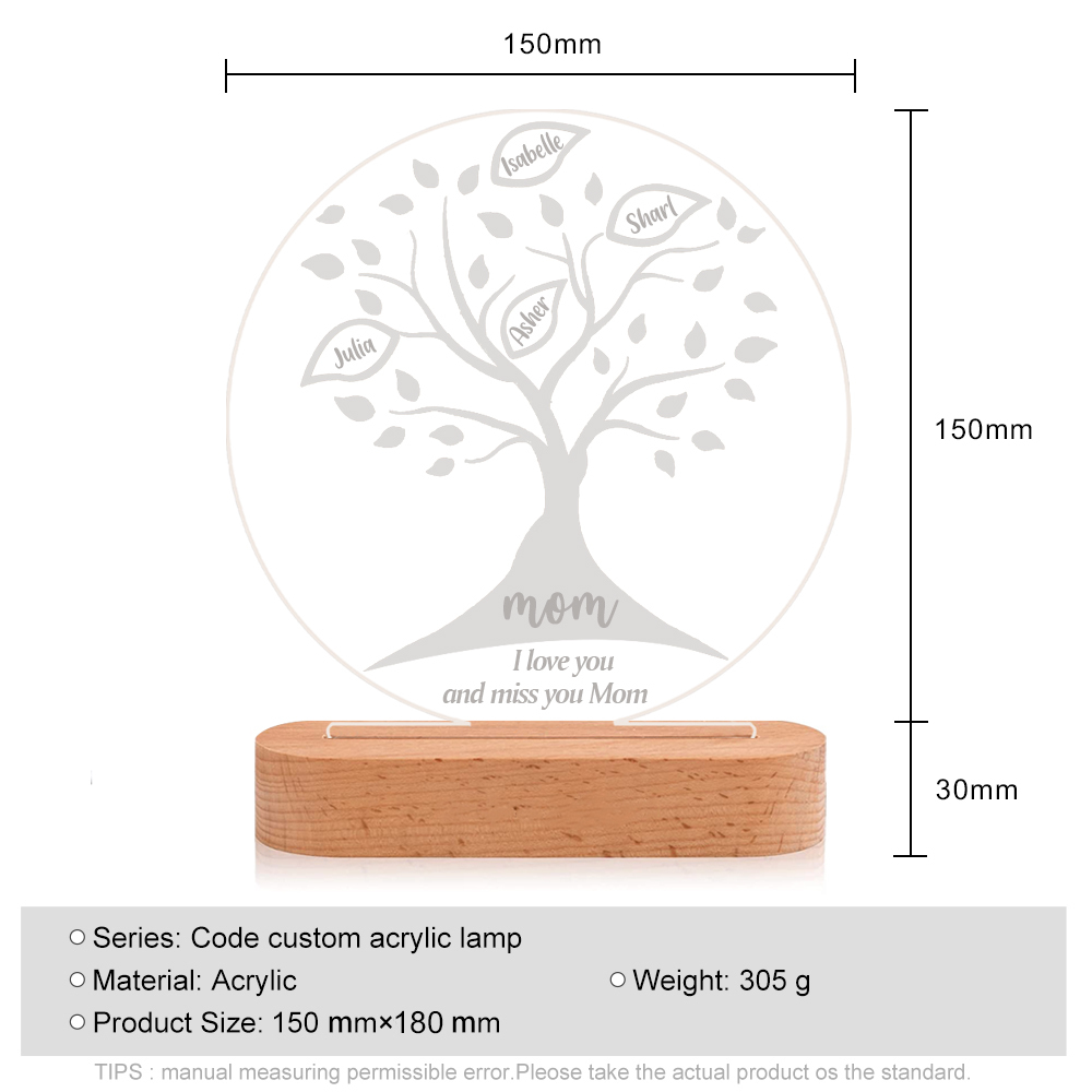 Lampe de chevet LED Arbre de vie Arbre généalogique 4 prénoms personnalisés avec 2 textes