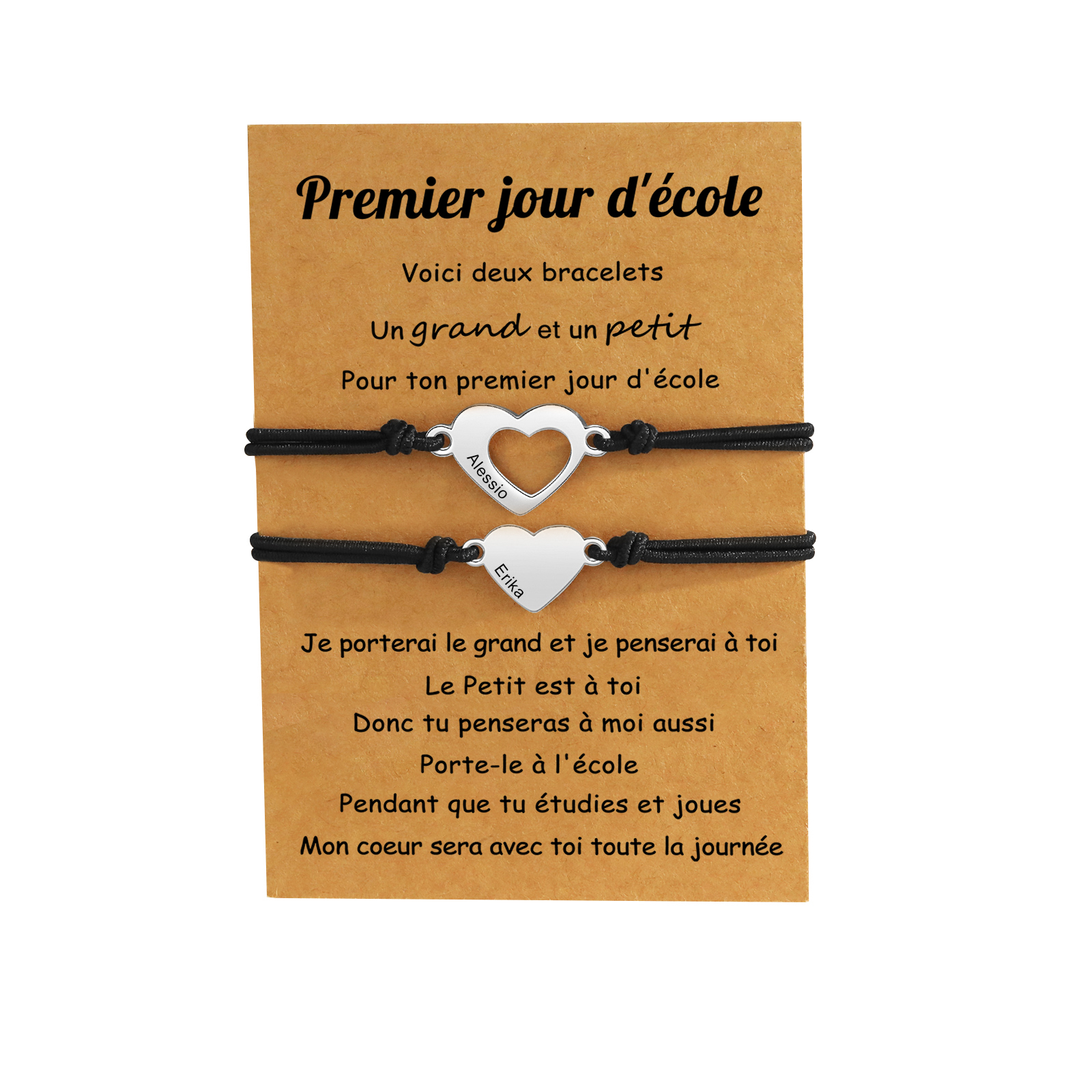 2PCS Bracelet en Commun Cœur 2 Prénoms Personnalisés Corde élastiques - Cadeau Rentrée Scolaire Premier jour d’école｜Jessemade