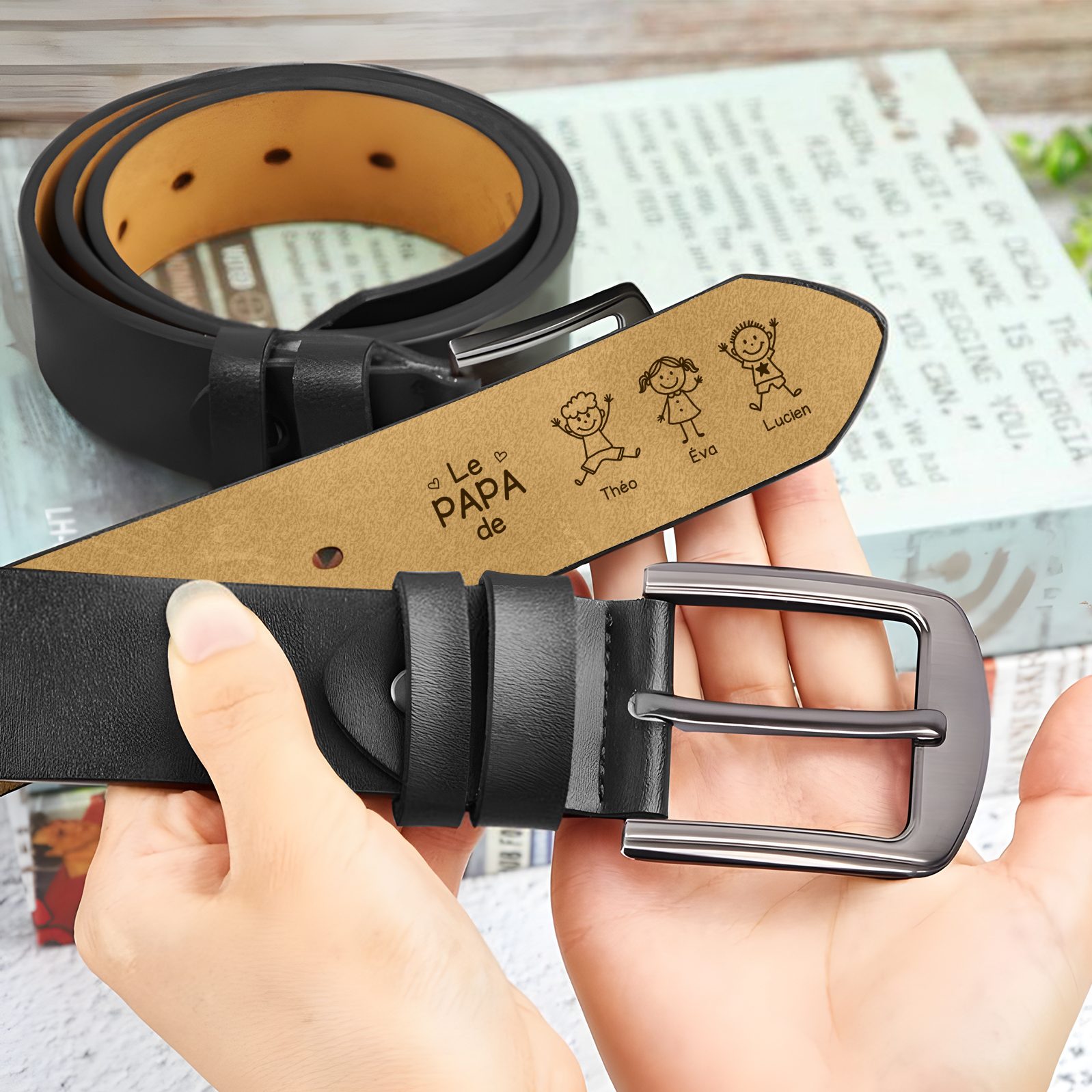 Ceinture en cuir personnalisée pour homme, pour papa ou grand-père, personnalisable avec 1 à 10 prénoms et silhouettes d’enfants
