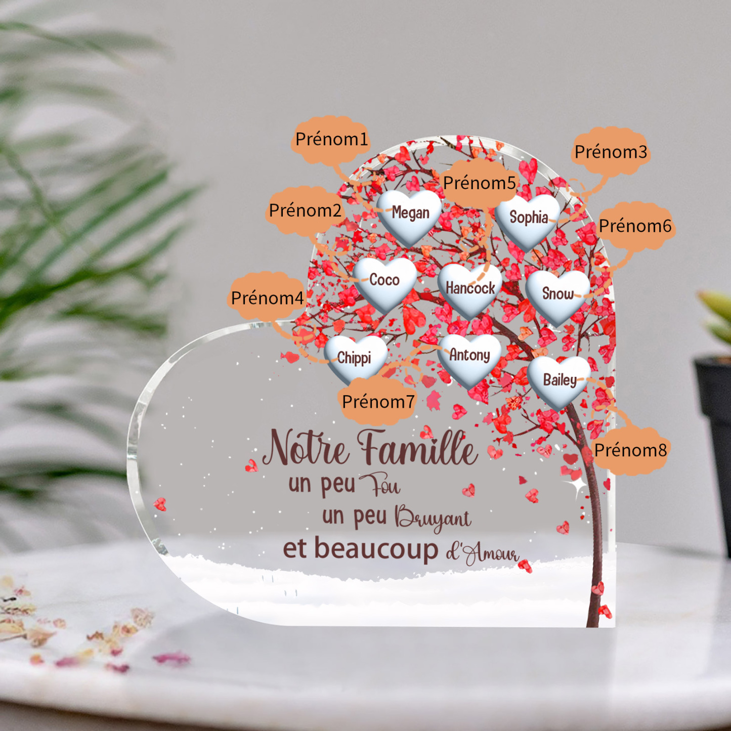 Plaque Acrylique en Forme de Cœur arbre 8 Prénoms Personnalisés Cadeau famille | Jessemade
