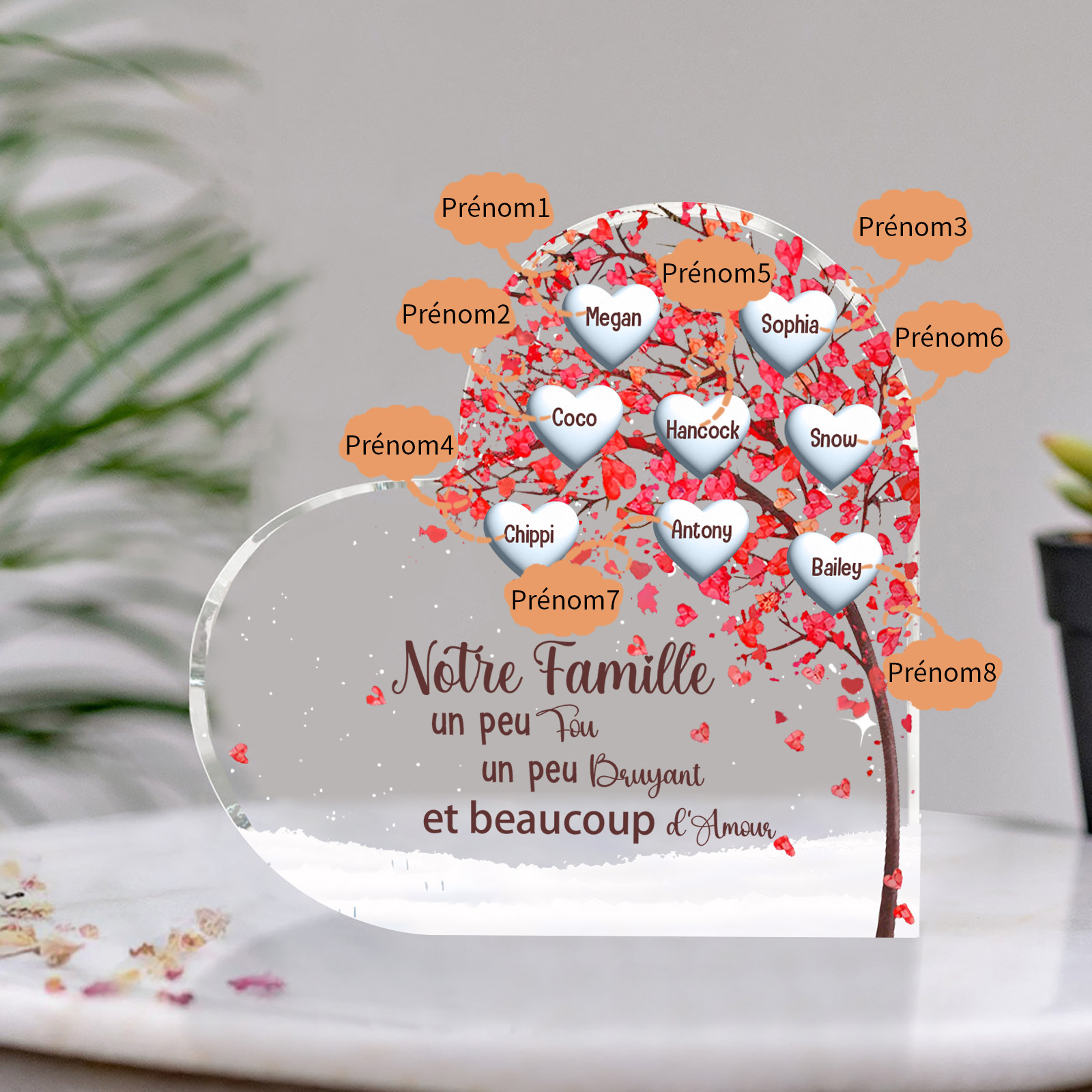 Plaque Acrylique en Forme de Cœur arbre 8 Prénoms Personnalisés Cadeau famille | Jessemade