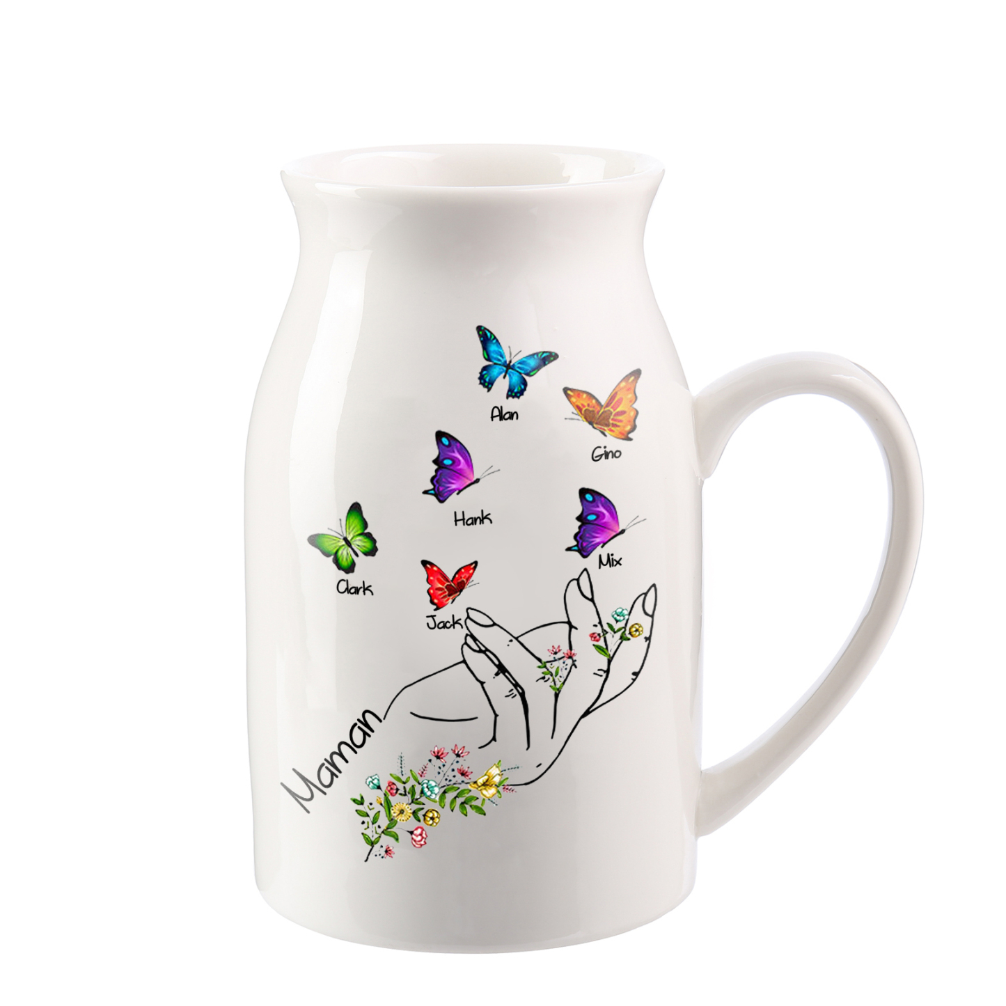 Vase à Fleurs Mains et Papillons 6 Prénoms Personnalisés avec Texte Décoration de la Maison