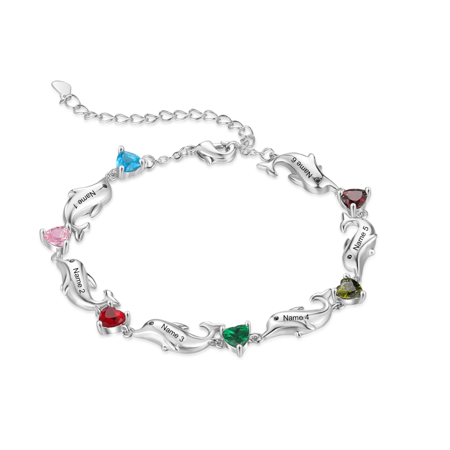 Bracelet dauphin 6 Prénoms Personnalisé avec 6 Pierres de Naissance
