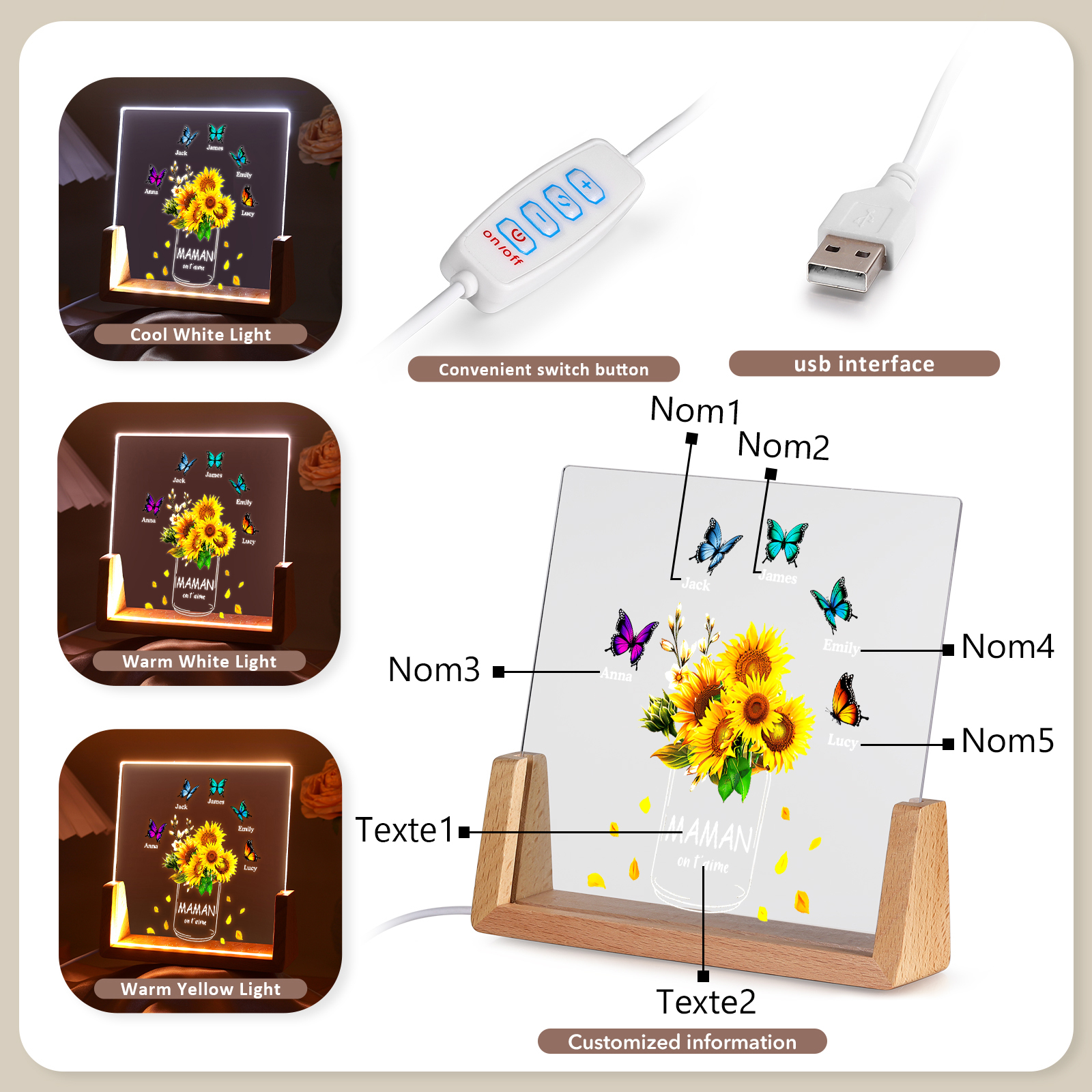 À Maman/Mamie - Lampe de chevet LED Tournesol 5 Prénoms Personnalisés avec 2 Textes pour Famille