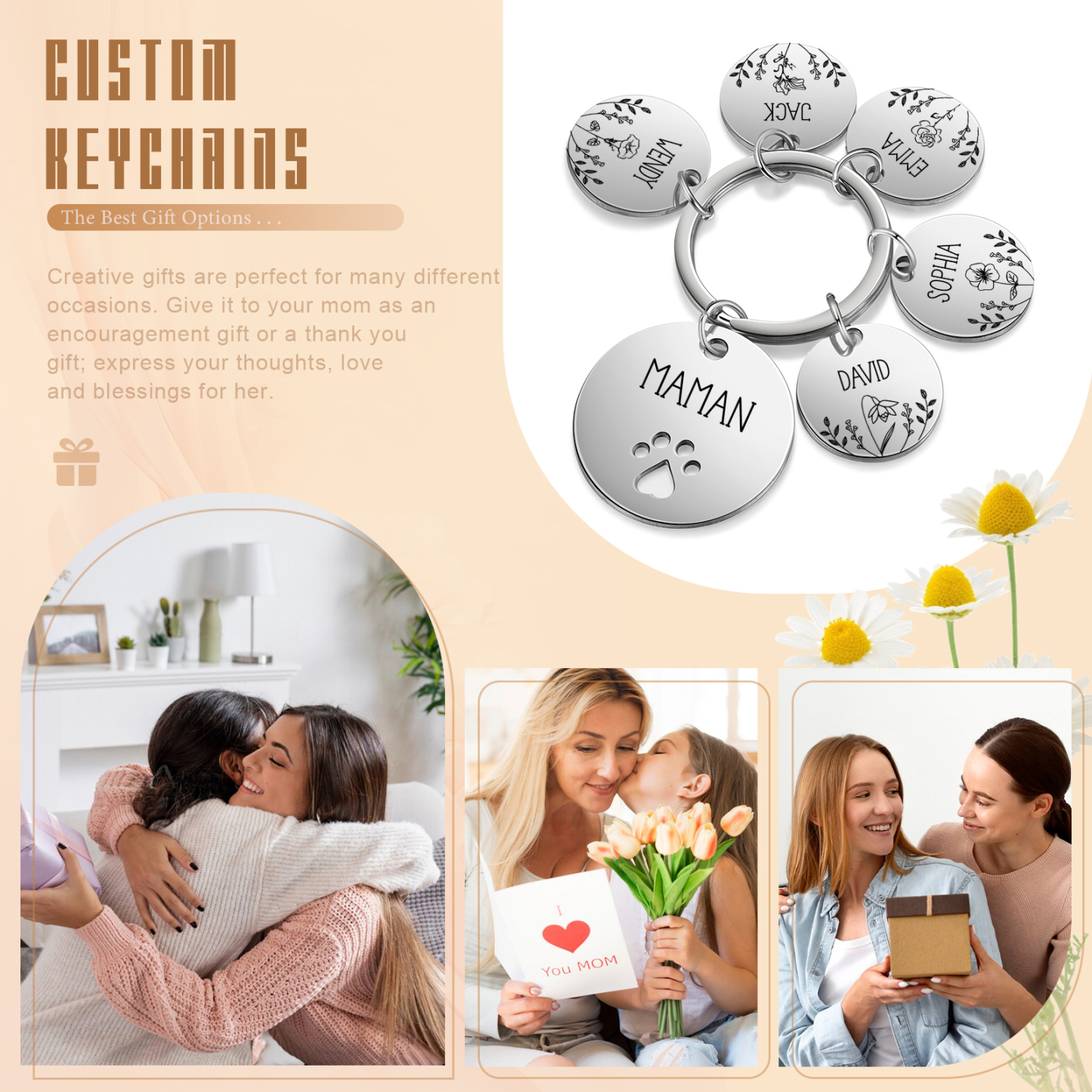 Porte-Clés patte 5 Prénoms et 1 Texte Personnalisés avec Fleur de Naissance