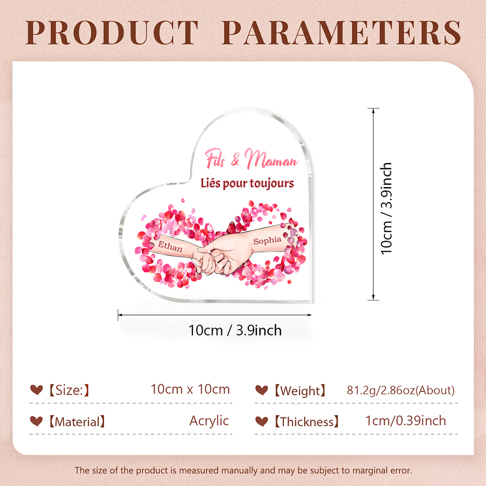 À ma Maman - Plaque Acrylique Maman et Fils en Forme de Cœur 2 Prénoms Personnalisés