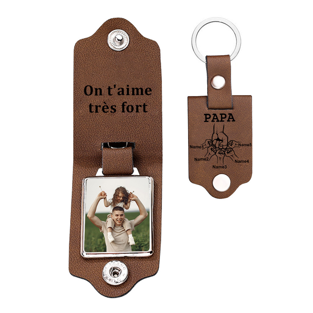À mon Papa - Porte-Clés Cuir Poings 5 Prénoms Personnalisés avec Photo et Texte