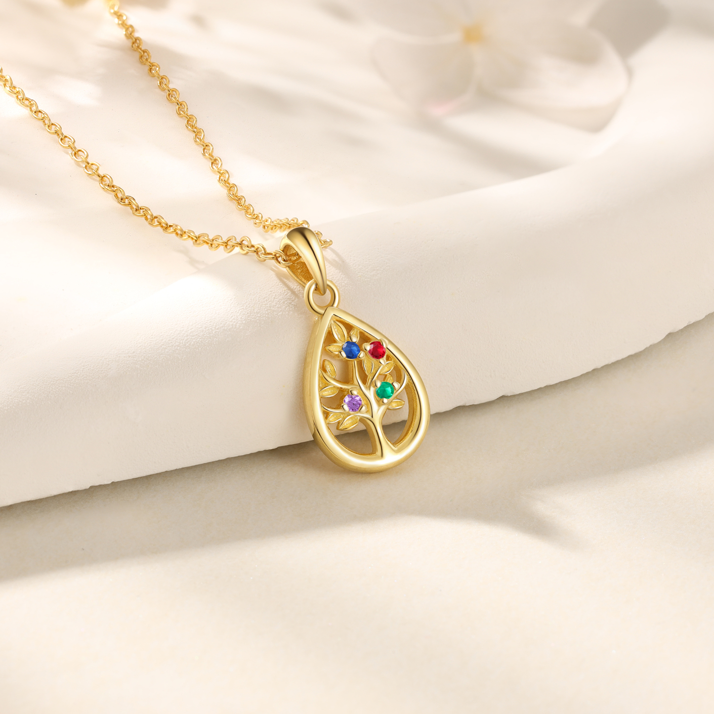 Collier Pendentif Arbre de vie 4 Pierres De Naissance Personnalisés Collier Arbre généalogique