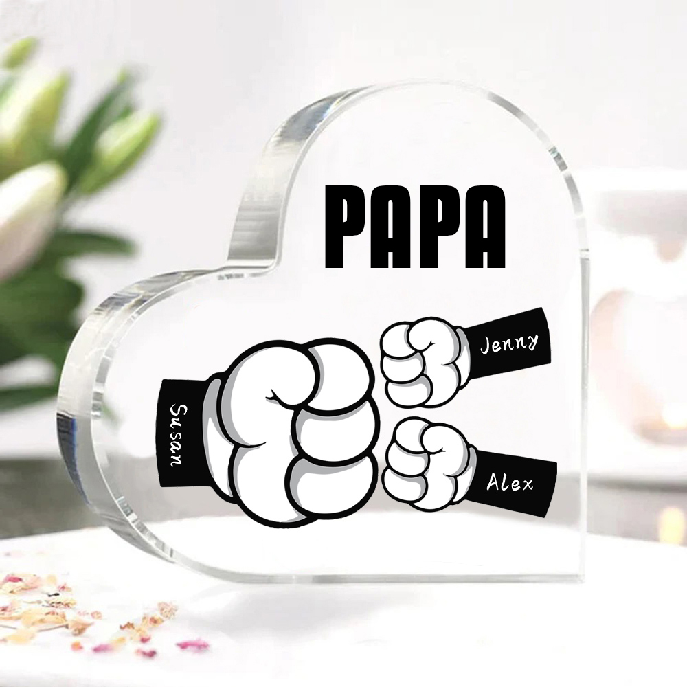 À mon Papa/Maman - Plaque Acrylique en Forme de Cœur Poings 3 Prénoms Personnalisés avec 1 Texte