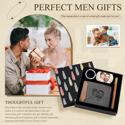 Coffret Cadeau 3PCS - Portefeuille classique Porte-Clés et Stylo 2 Photo et Textes Personnalisés avec Date Coffret Cadeau pour Homme