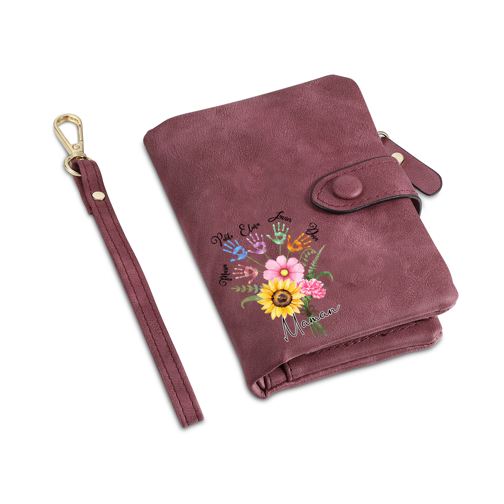 Portefeuille Fleurs 5 Prénoms et 1 Texte Personnalisés Porte-Monnaie Carte pour Femmes