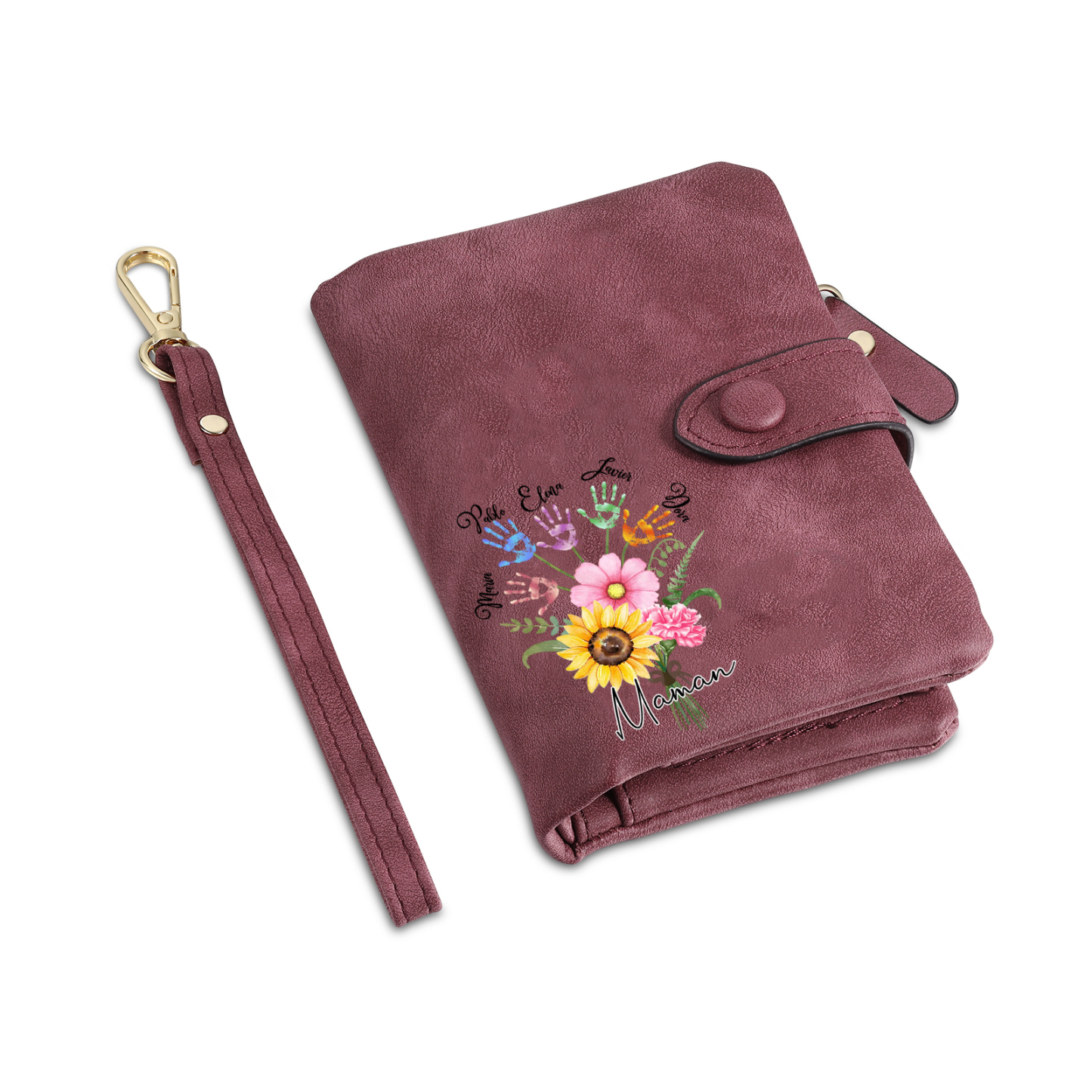 Portefeuille Fleurs 5 Prénoms et 1 Texte Personnalisés Porte-Monnaie Carte pour Femmes