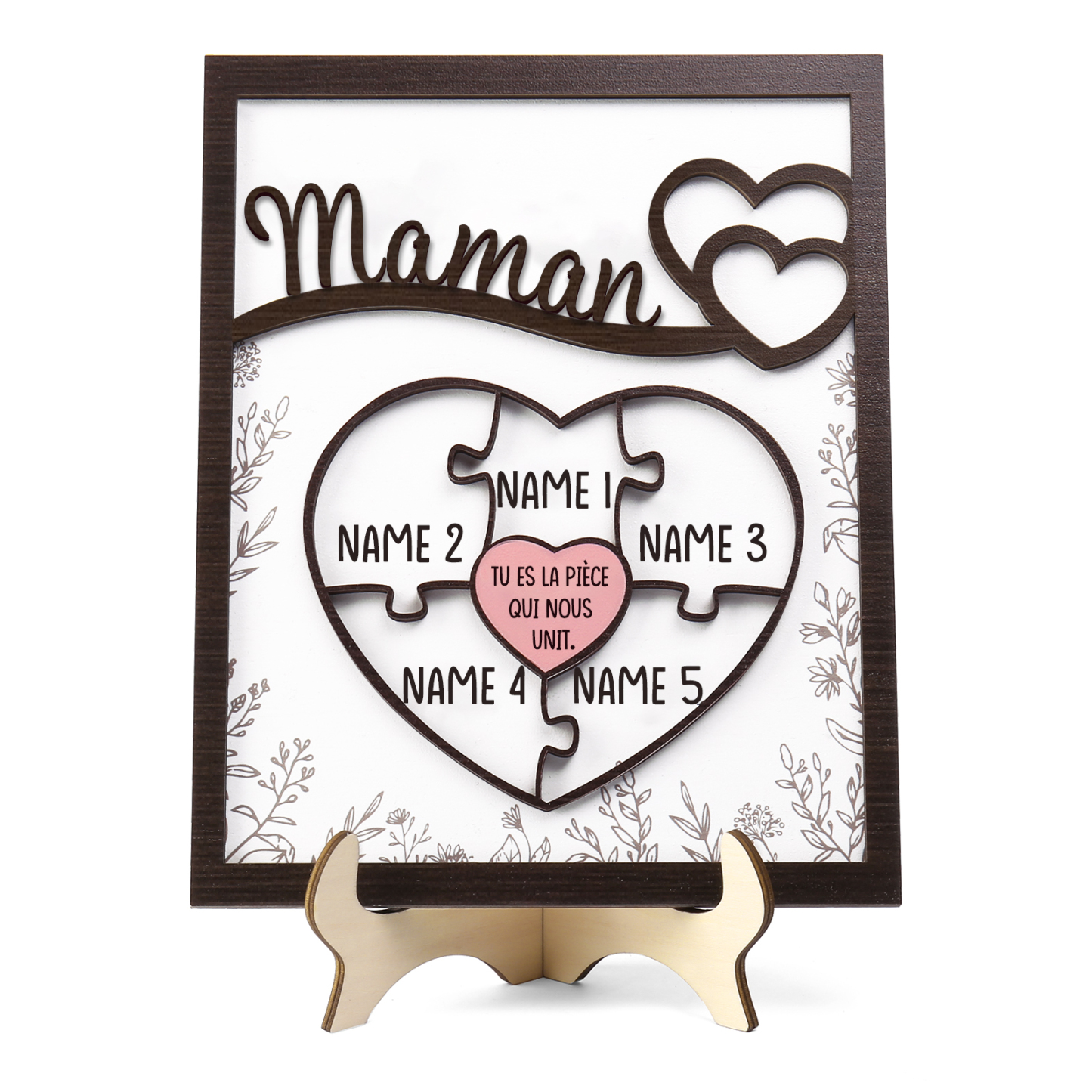 À ma Maman - Décoration en bois Cœur et Puzzle 5 Prénoms Personnalisés Ornement pour Famille