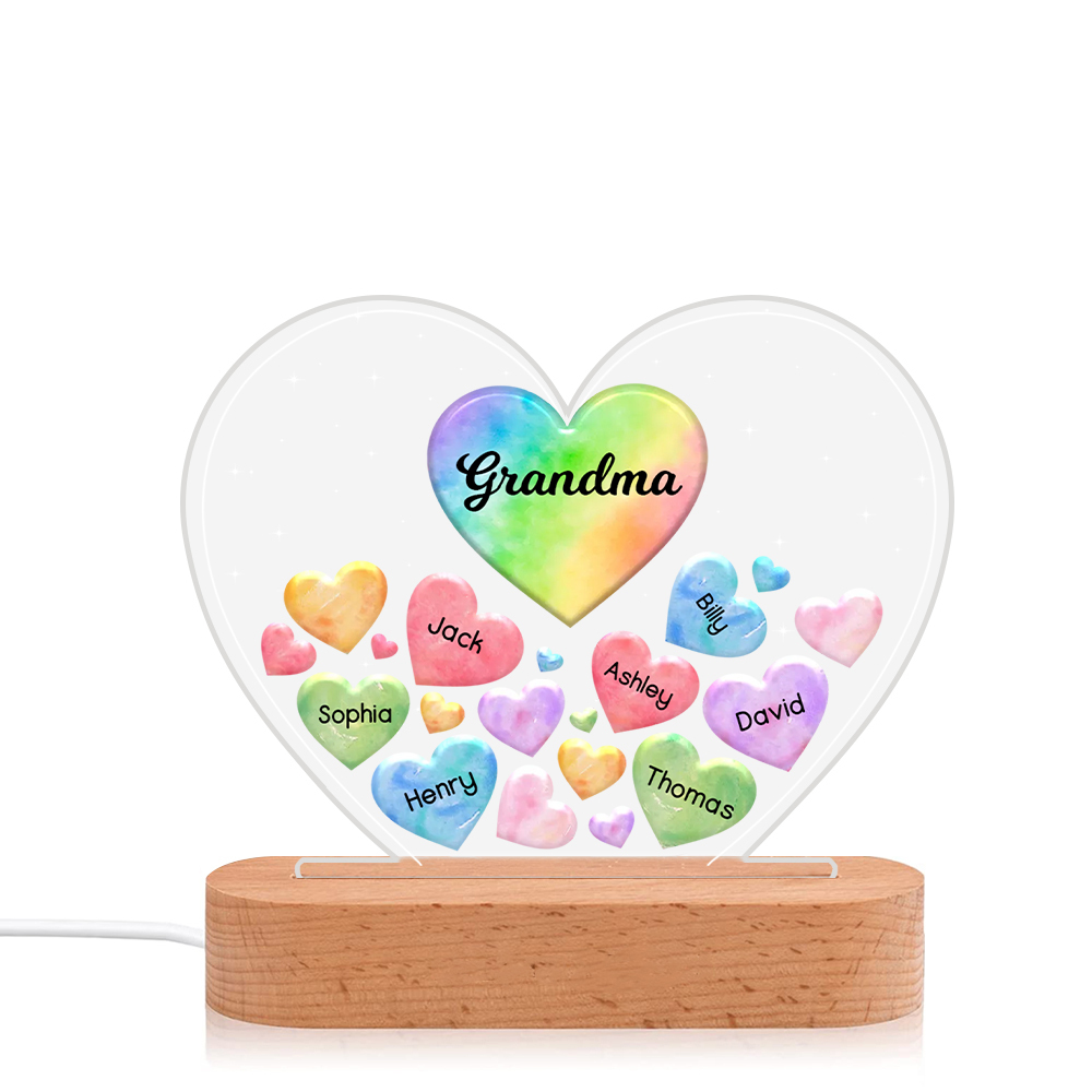 À Maman/Mamie - Lampe de chevet LED Cœurs 7 Prénoms Personnalisés avec 1 Texte