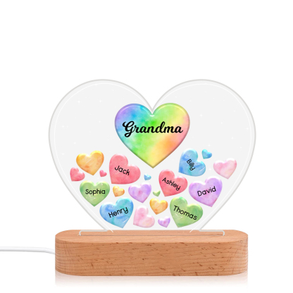 À Maman/Mamie - Lampe de chevet LED Cœurs 7 Prénoms Personnalisés avec 1 Texte