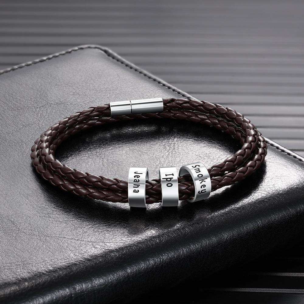 Bracelet Prénom Cuir tressé Prénom Personnalisé Avec 3 Perles pour Homme｜Jessemade
