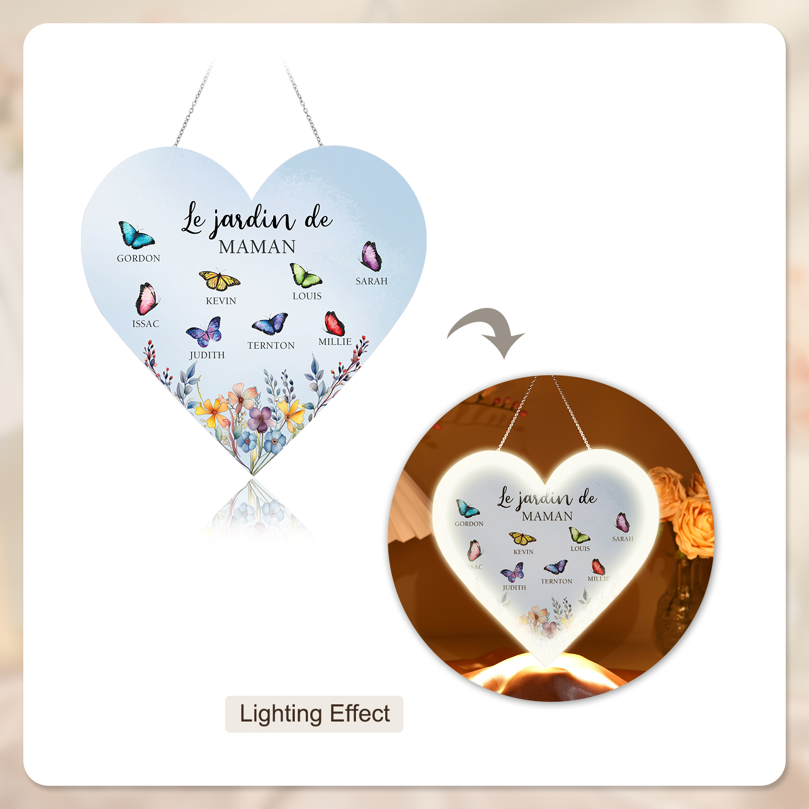 À Maman/Mamie - Veilleuse Cœur Décoration Fleur et Papillon 8 Prénoms Personnalisés avec 1 Texte