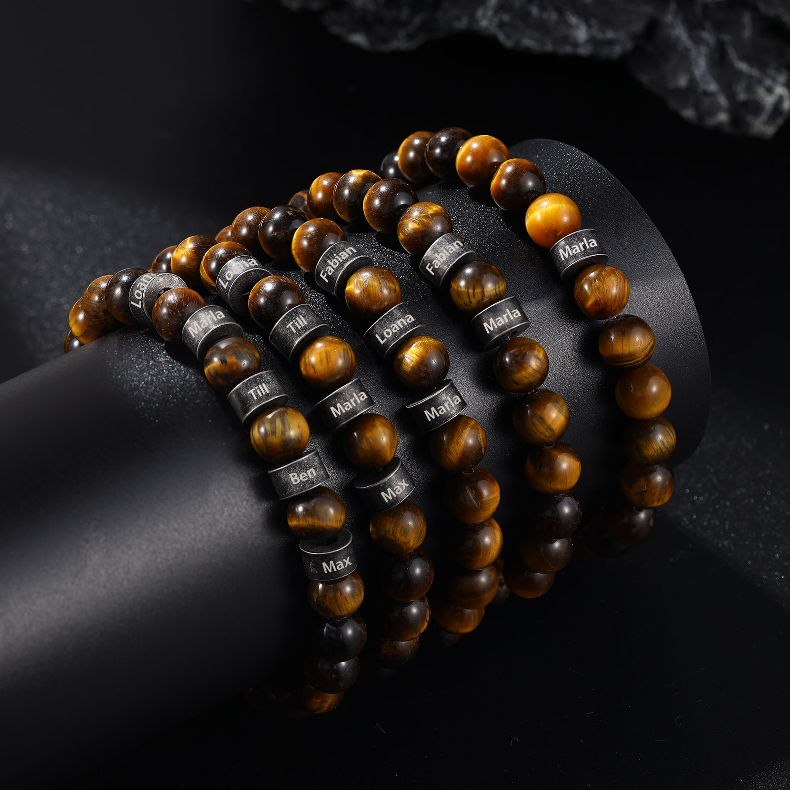 Bracelet d'Oeil de Tigre avec 3 Prénoms Personnalisés pour Homme