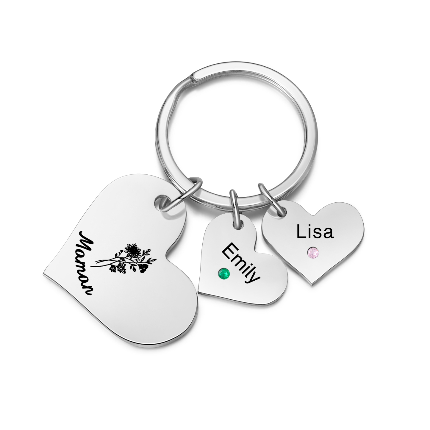 À Maman/Mamie - Porte-Clés Cœur 2 Prénoms et Pierres de naissance Personnalisés avec Texte et Fleur de Naissance