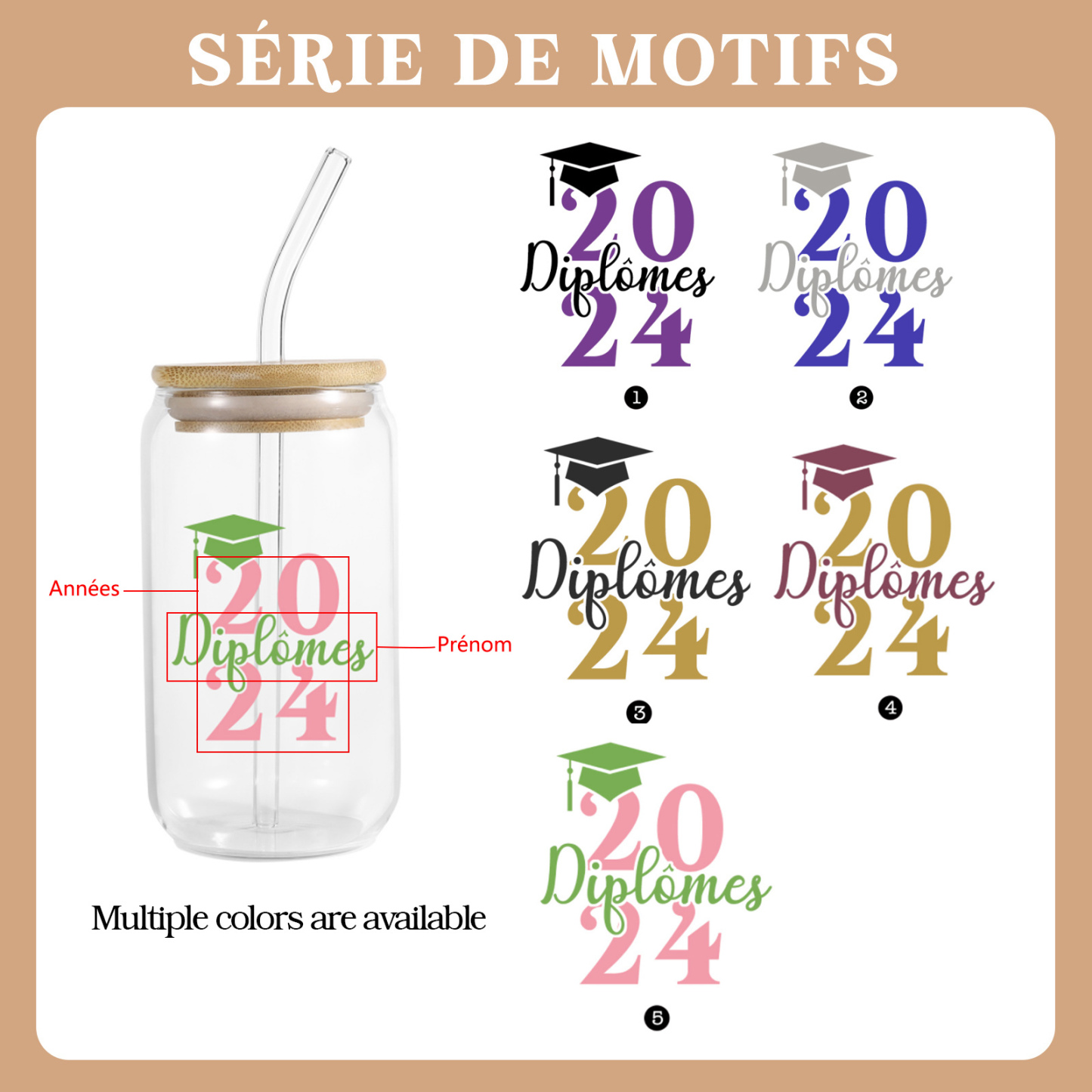 Tasse en Verre avec Paille Prénom et Années Personnalisés Cadeau de remise des Diplômes