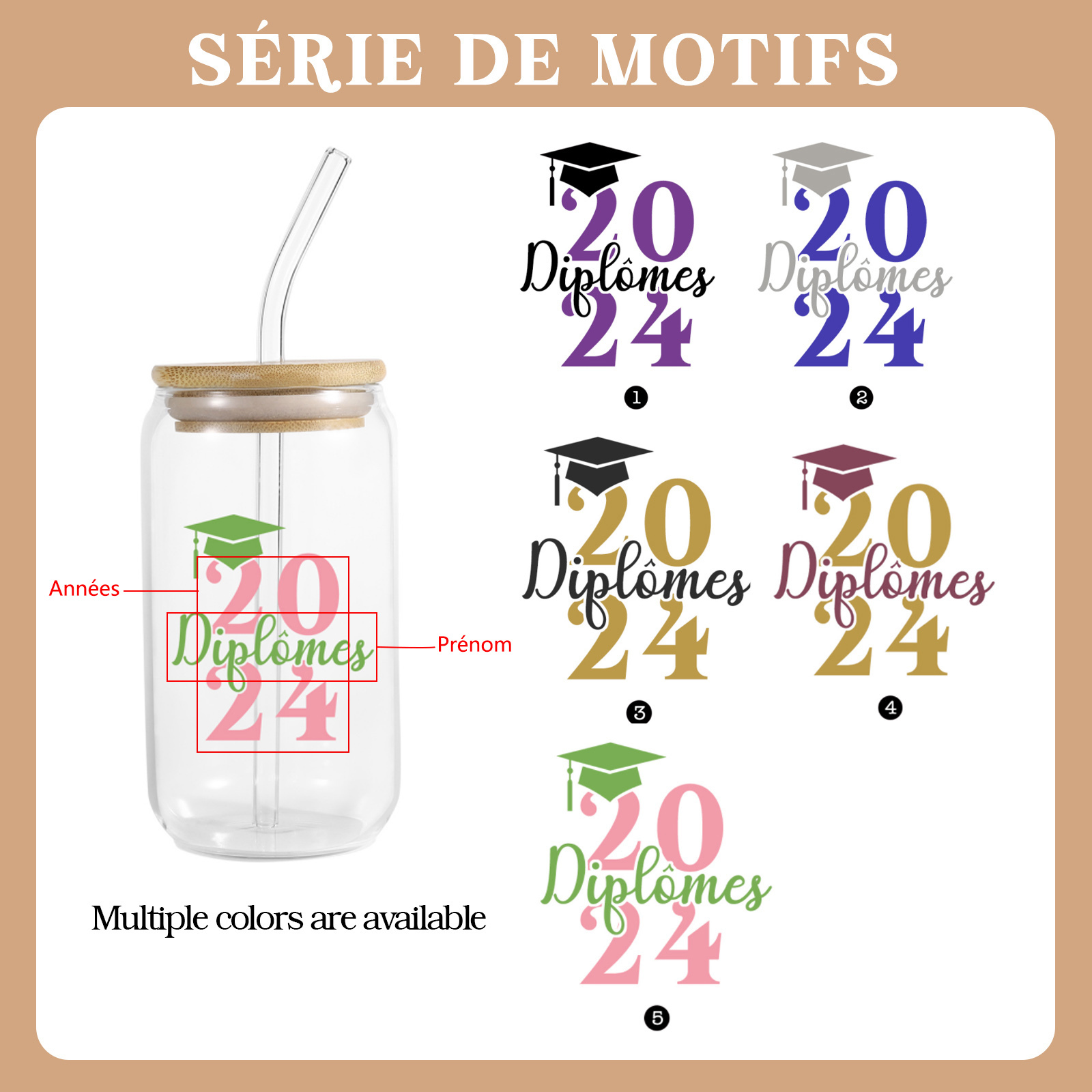 Tasse en Verre avec Paille Prénom et Années Personnalisés Cadeau de remise des Diplômes