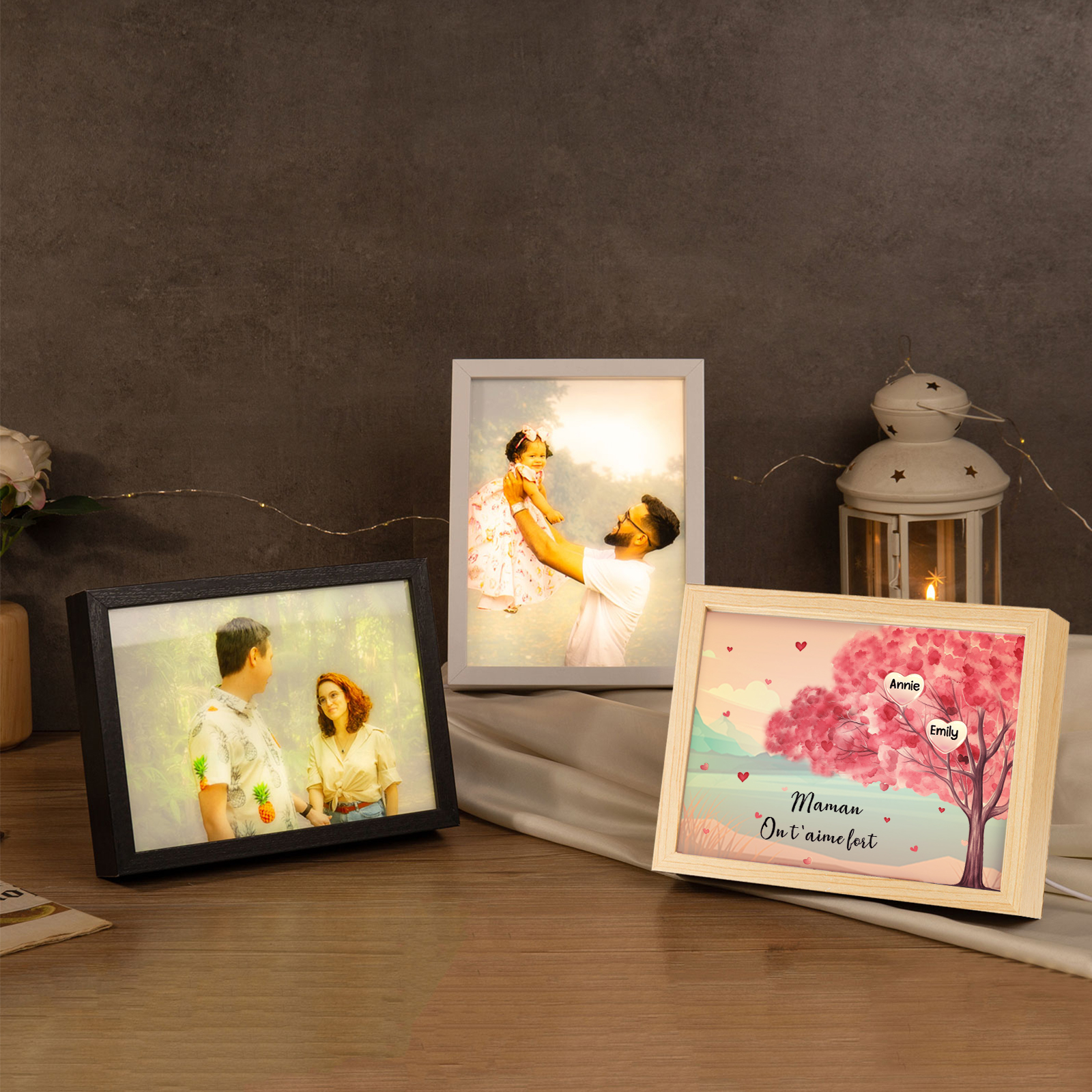 Cadre Photo LED Arbre 2 Prénoms Personnalisés avec 1 Texte Décoration Famille