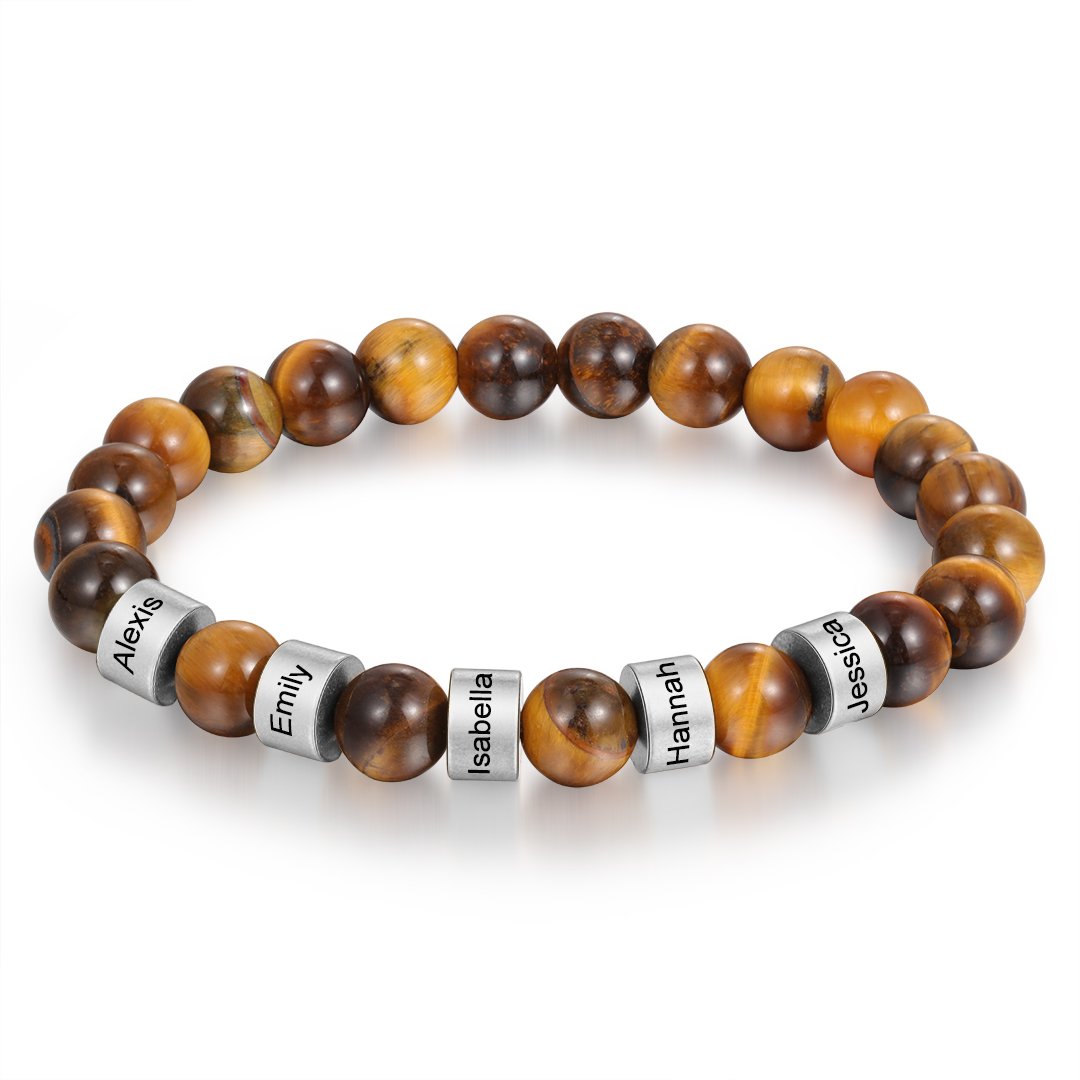 Jessemade FR Bracelet 5 Prénom Personnalisé Pierres Oeil de Tigre Brun Bracelet Homme