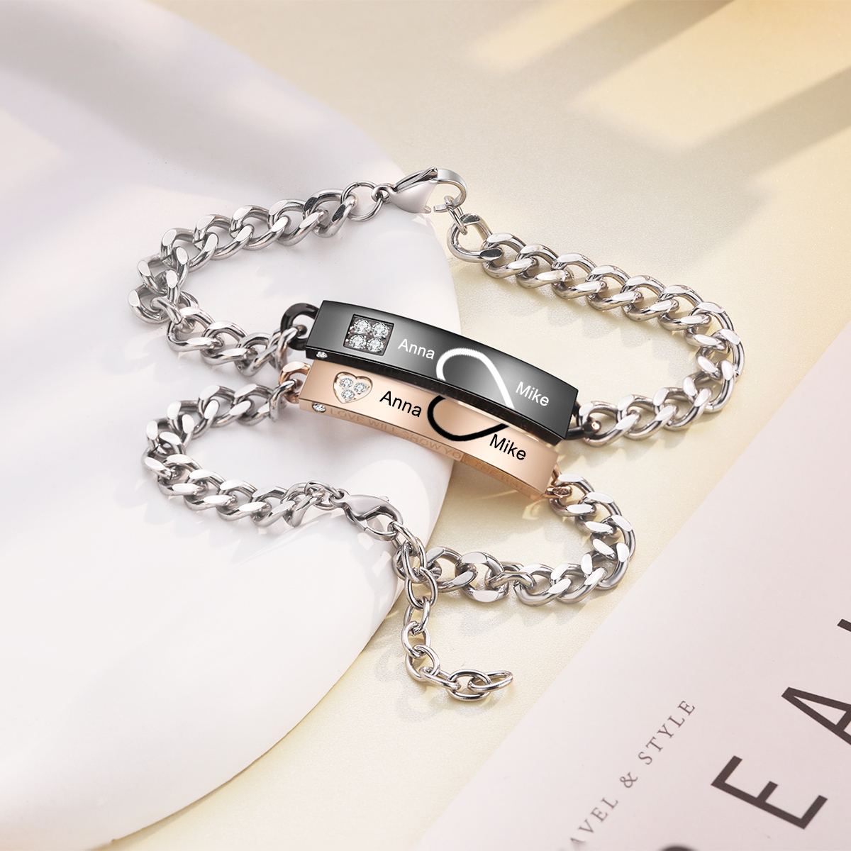 2 PCS Bracelet couple Gourmette 2 Prénoms Personnalisé pour couple | Jessemade