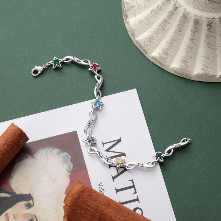 Bracelet infini à Breloque 5 Prénom Personnalisé avec 5 Pierre de Naissance