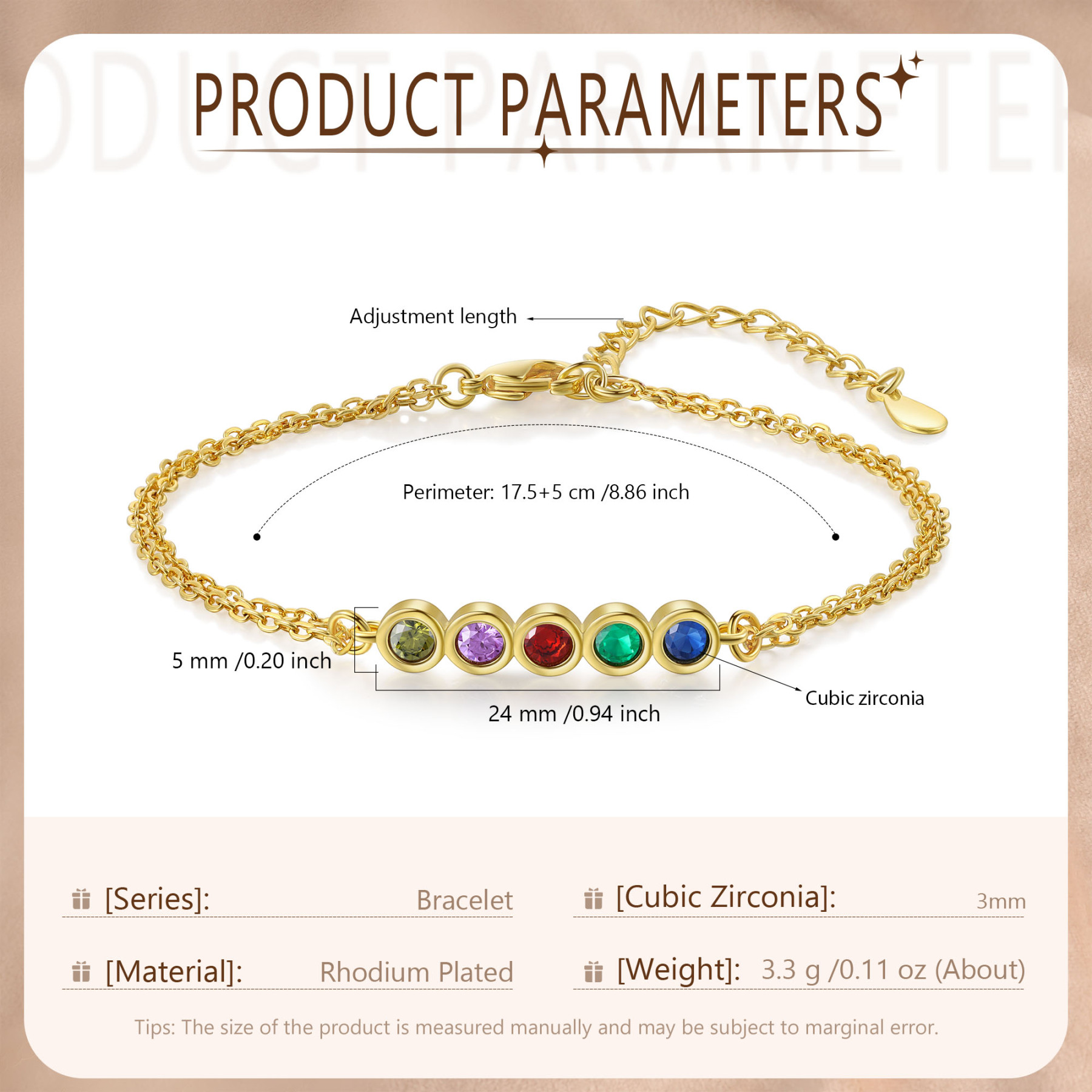 Bracelet Femme Personnalisés avec 5 Pierres de Naissance
