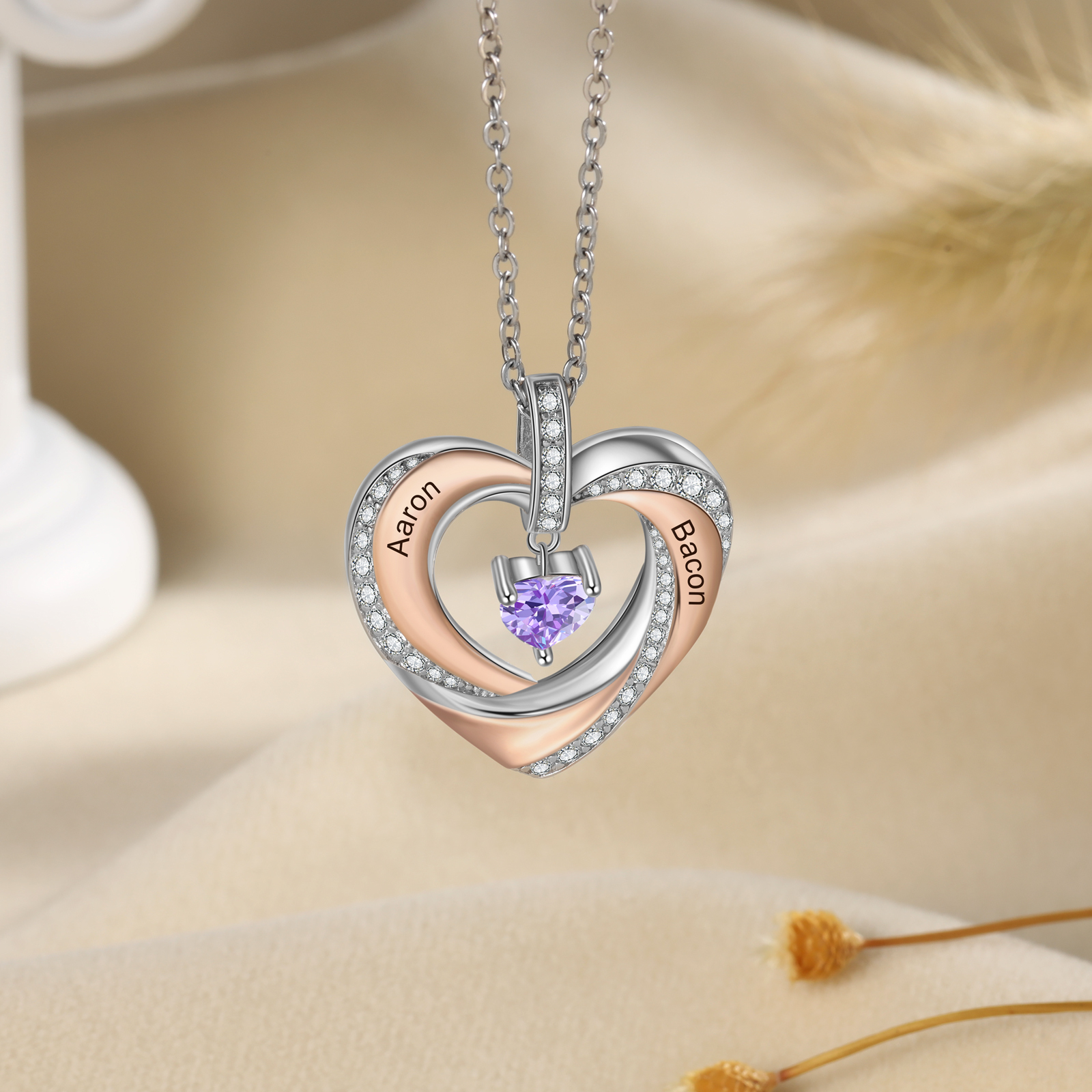 Collier 2 Prénoms Personnalisé Pendentif avec 1 Pierre de Naissance Cœur