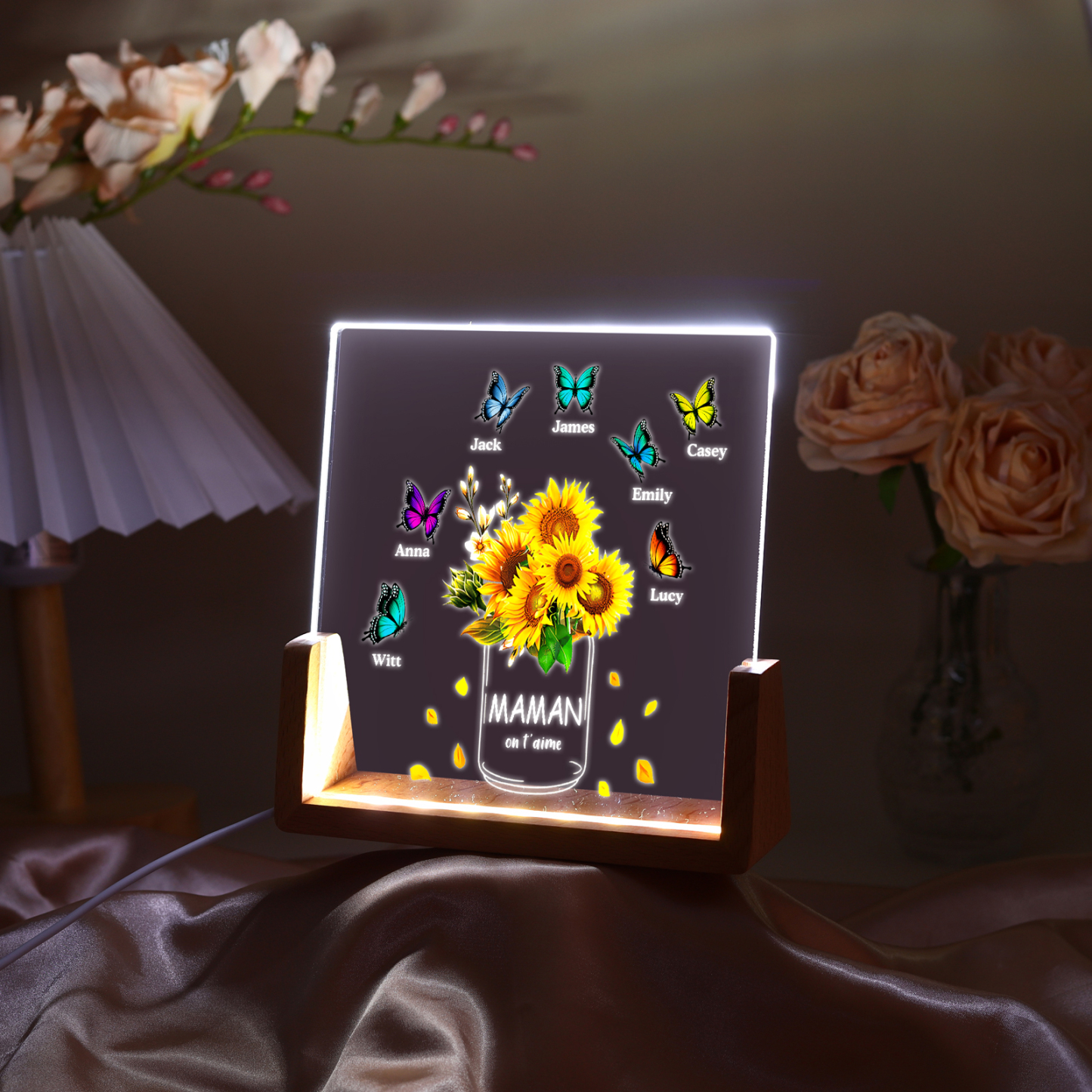À Maman/Mamie - Lampe de chevet LED Tournesol 7 Prénoms Personnalisés avec 2 Textes pour Famille
