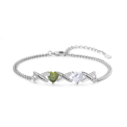 Bracelet Femmes 3 Prénoms Personnalisés avec 2 Pierres de Naissance
