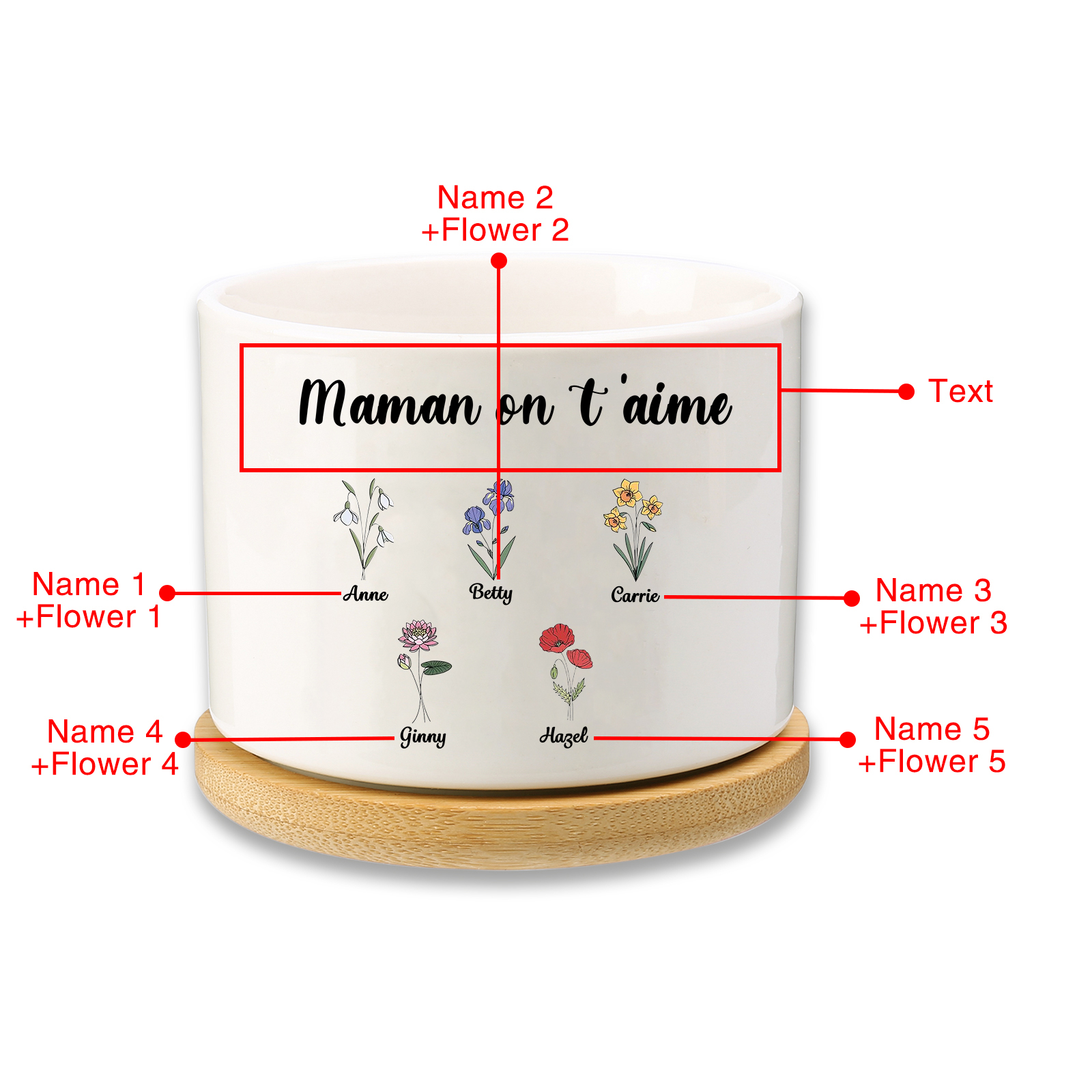 Vase/Pot de Fleurs 5 Prénoms et 1 Texte  Personnalisés avec Fleurs de Naissance Décoration de la Maison (sans plantes)