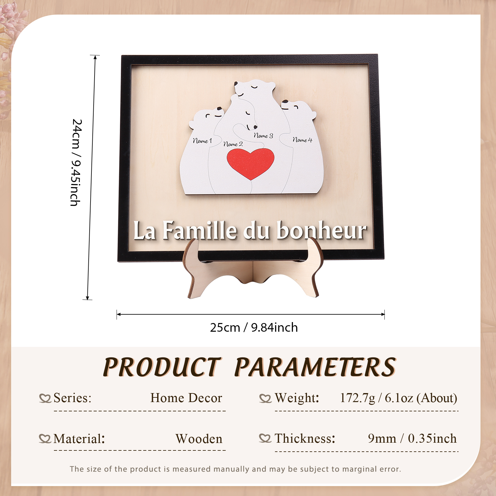 À ma Famille - Décoration en bois Ours 4 Prénoms Personnalisés Ornement pour Famille