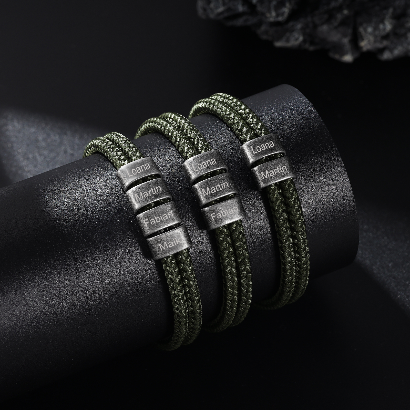 Bracelet 2-4 Noms Personnalisés Bracelet Vintage Homme en Corde Vert foncé