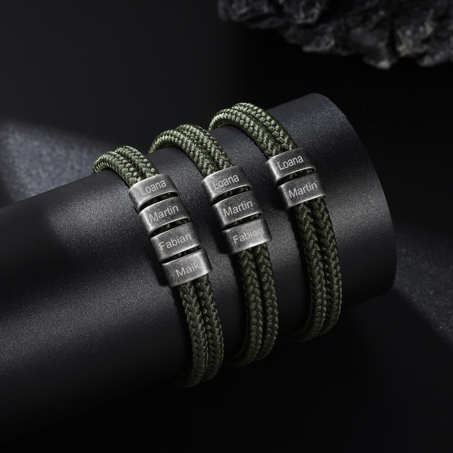 Bracelet 2-4 Noms Personnalisés Bracelet Vintage Homme en Corde Vert foncé