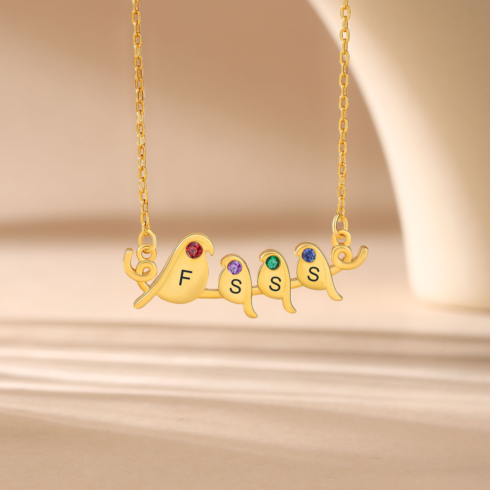 Collier Petit Oiseau 4 Lettres et Pierres de Naissance Personnalisés Collier Femmes