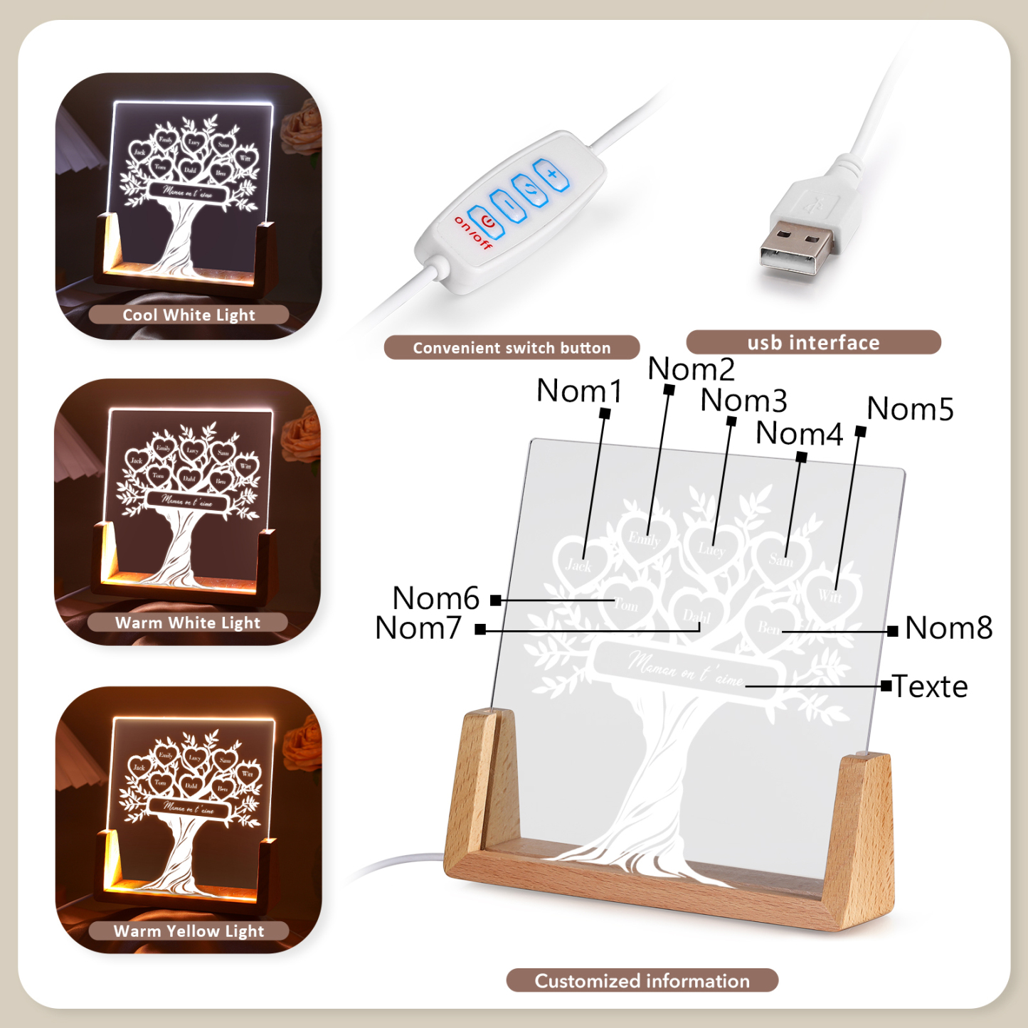À Maman/Mamie - Lampe de chevet LED Arbre de Vie 8 Prénoms Personnalisés avec Texte pour Famille