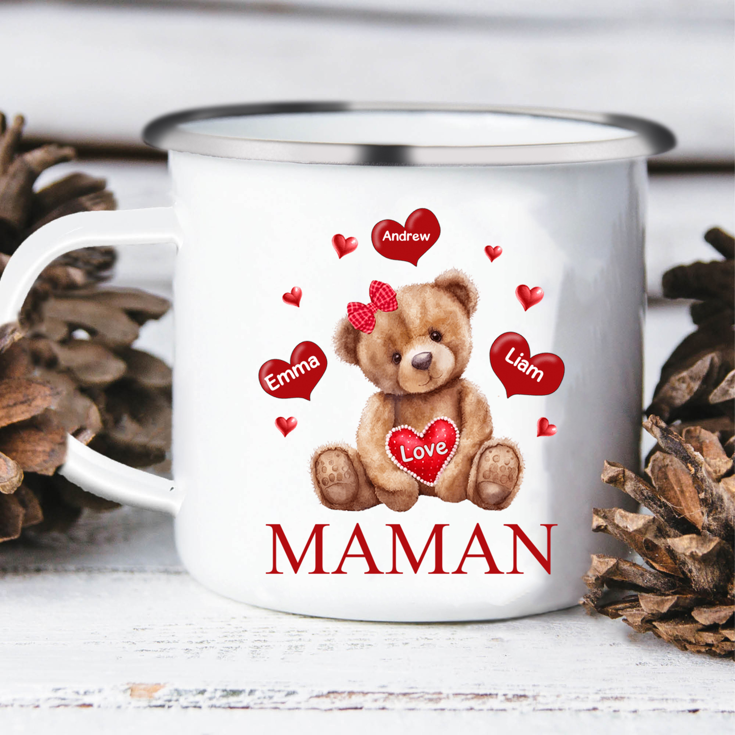 À Maman/Mamie - Tasse émaillée Ours 3 Prénoms Personnalisés