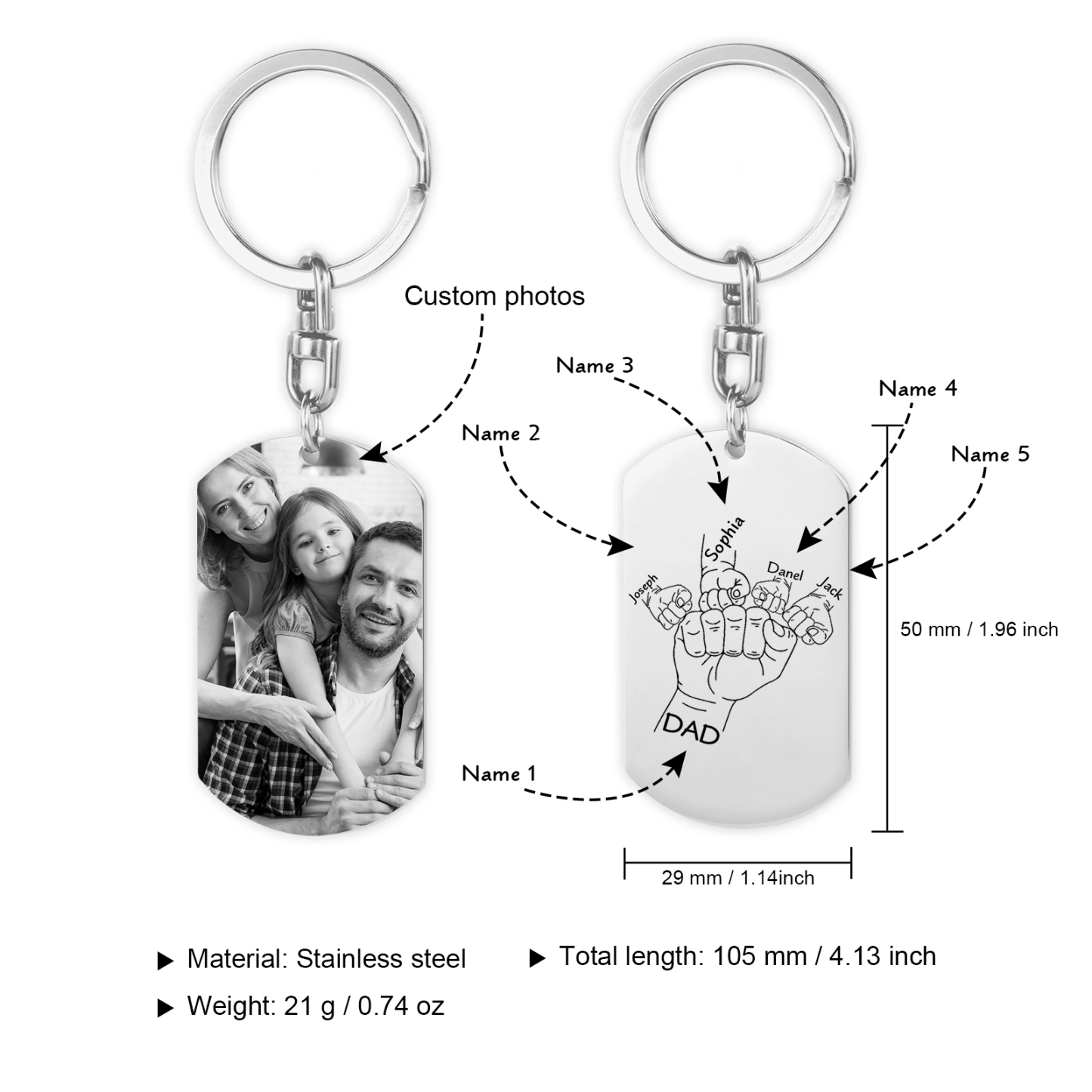 À mon Papa - Porte-Clés Poings 5 Prénoms Personnalisés avec Photo