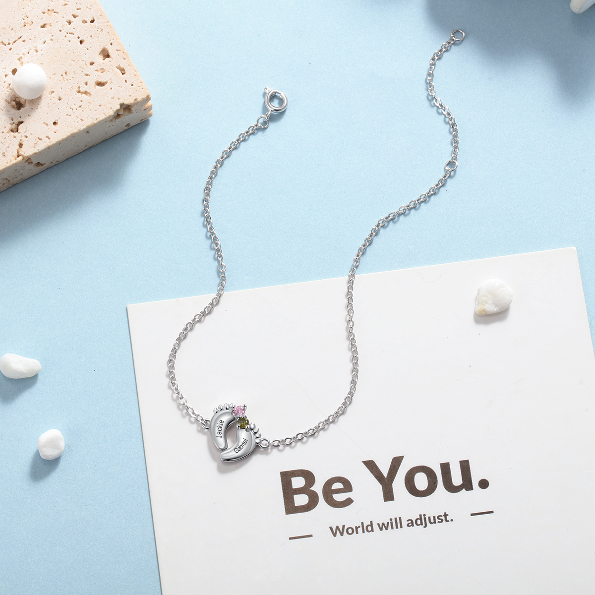 Bracelet 2 Prénom Personnalisé pied bebe avec 2 pierre de naissance