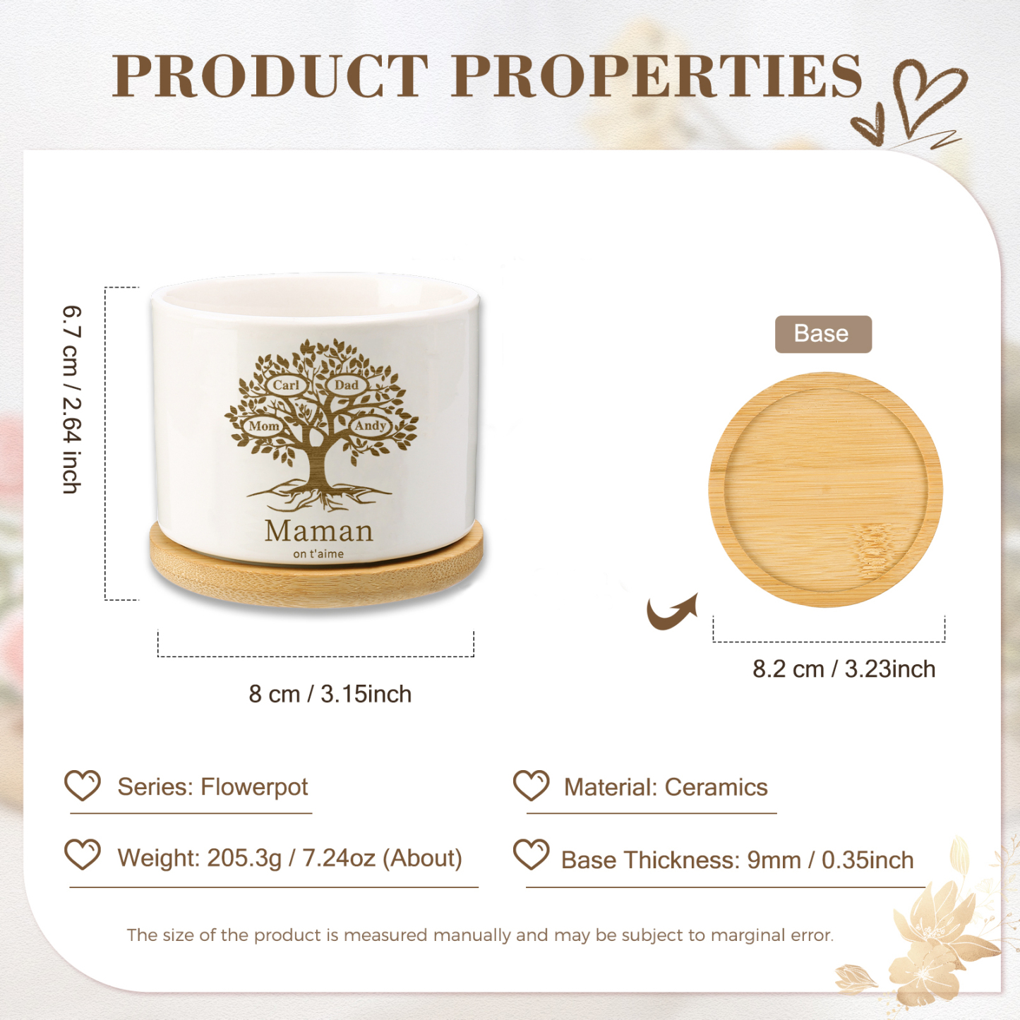 Vase/Pot de Fleurs Arbre de vie 4 Prénoms Personnalisés avec Texte Décoration de la Maison (sans plantes)