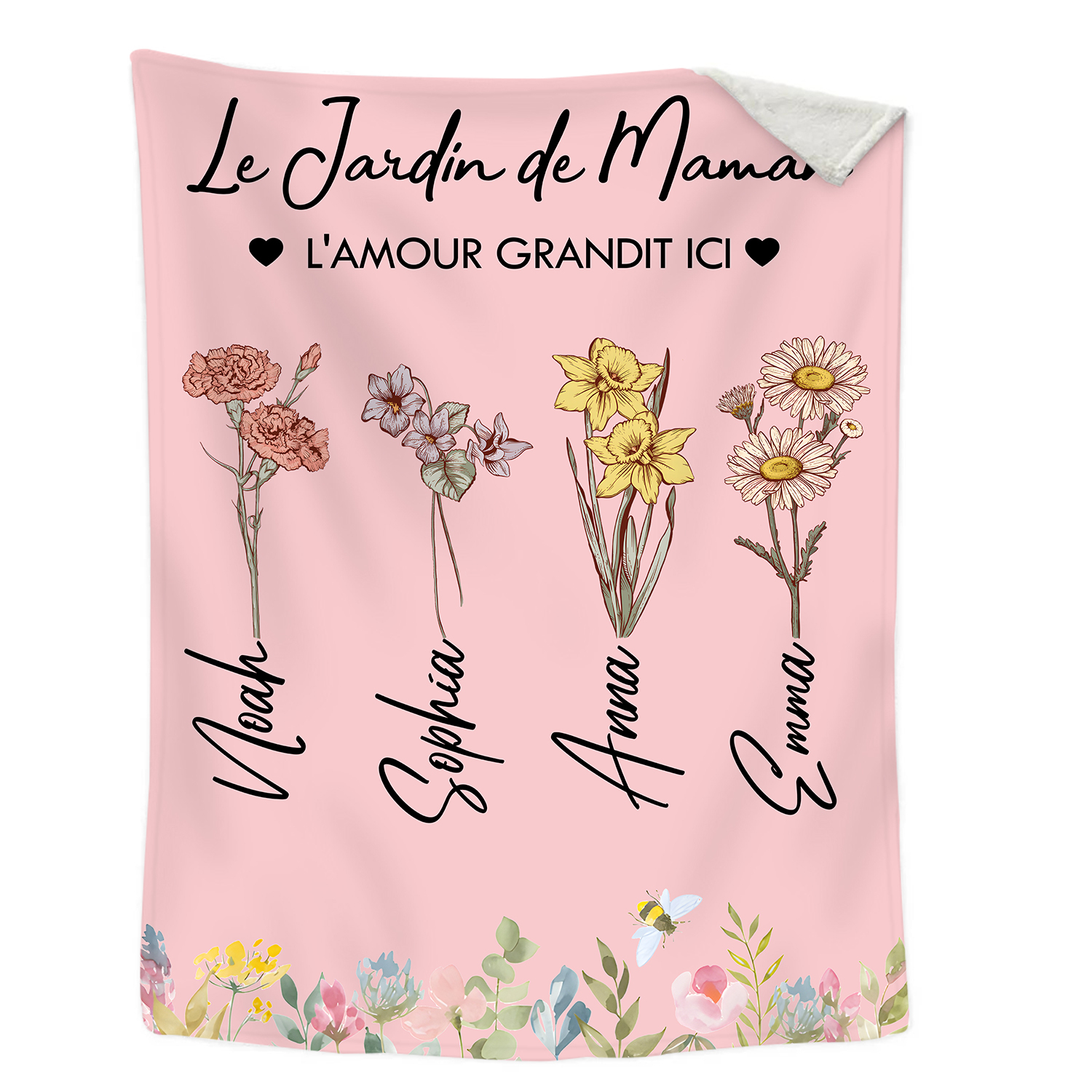 À ma Maman - Plaid Personnalisé avec 4 Prénoms et Fleurs de Naissance Couverture le jardin de Maman en Flanelle Blanc ou Rose | Jessemade